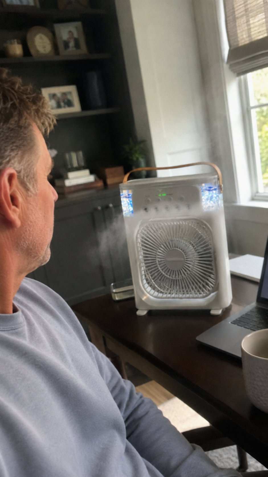 Customer using portable cooling fan at a desk