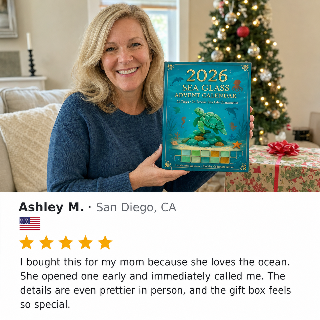 Customer photo showing sea-glass-inspired Christmas ornaments