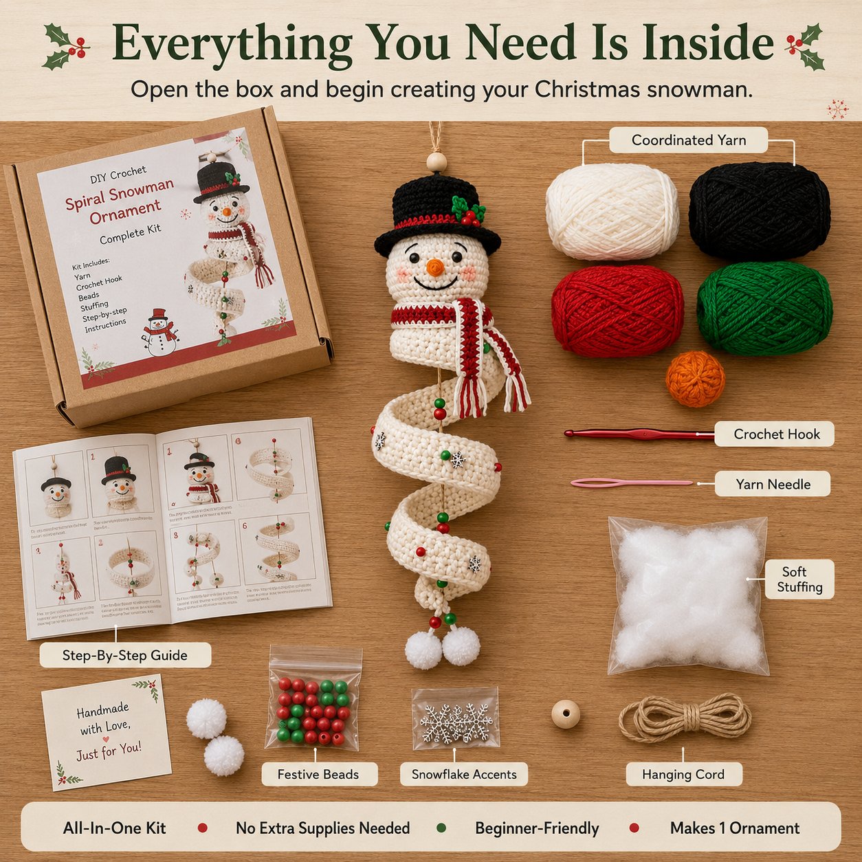 ☃️ DIY Crochet Snowman Ornament Kit | Complete Christmas Craft Set for Beginners – Includes Yarn, Hook, Beads & Easy Step-by-Step Guide 🧶🎄✨