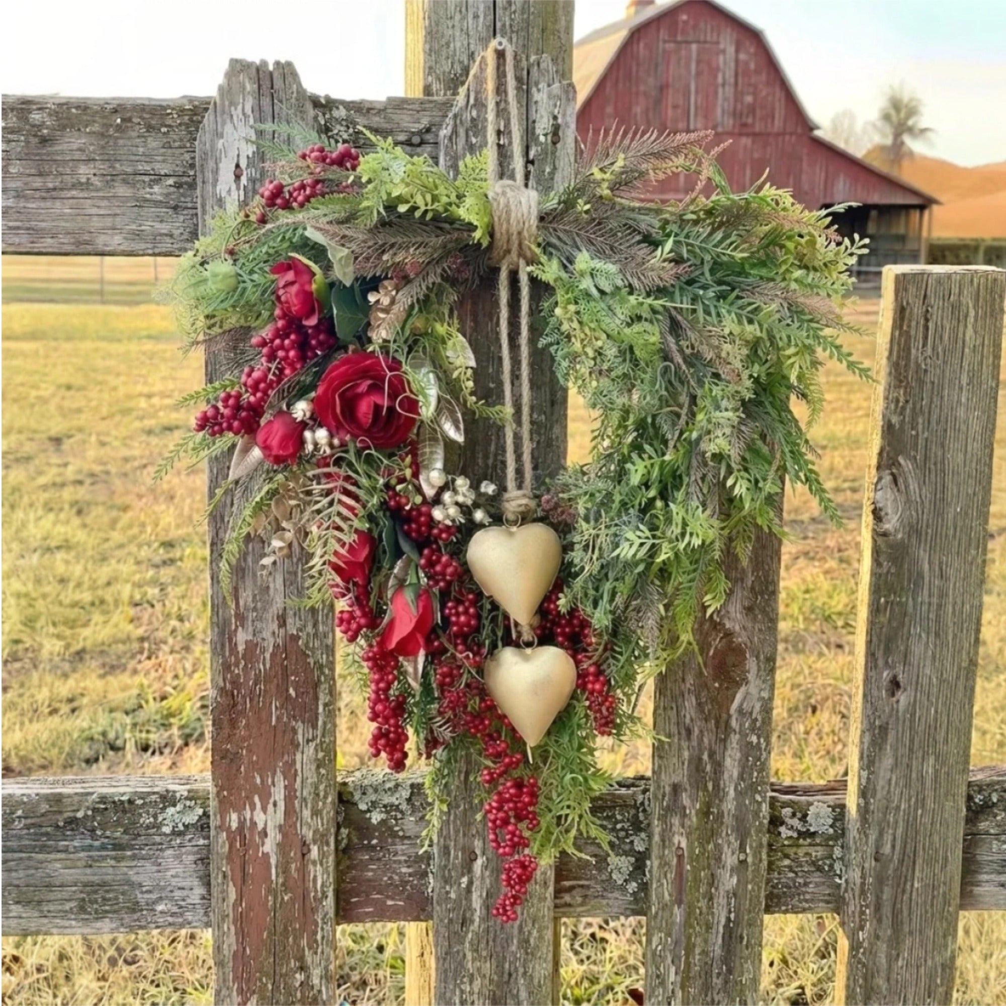 ❤️ Valentine’s Day Farmhouse Valentine Heart Wreath: Gold Bells, Red Roses & Berries🎉