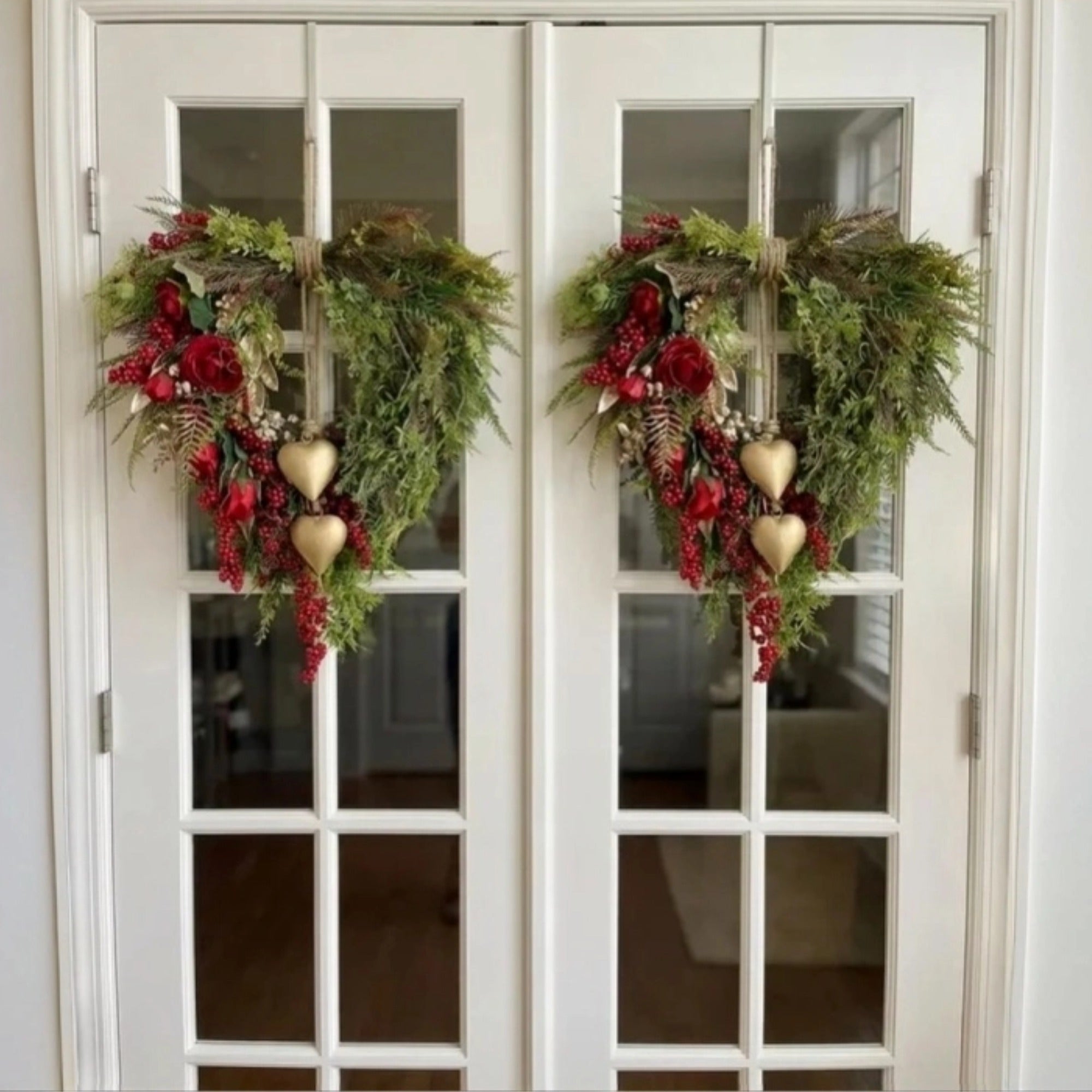❤️ Valentine’s Day Farmhouse Valentine Heart Wreath: Gold Bells, Red Roses & Berries🎉