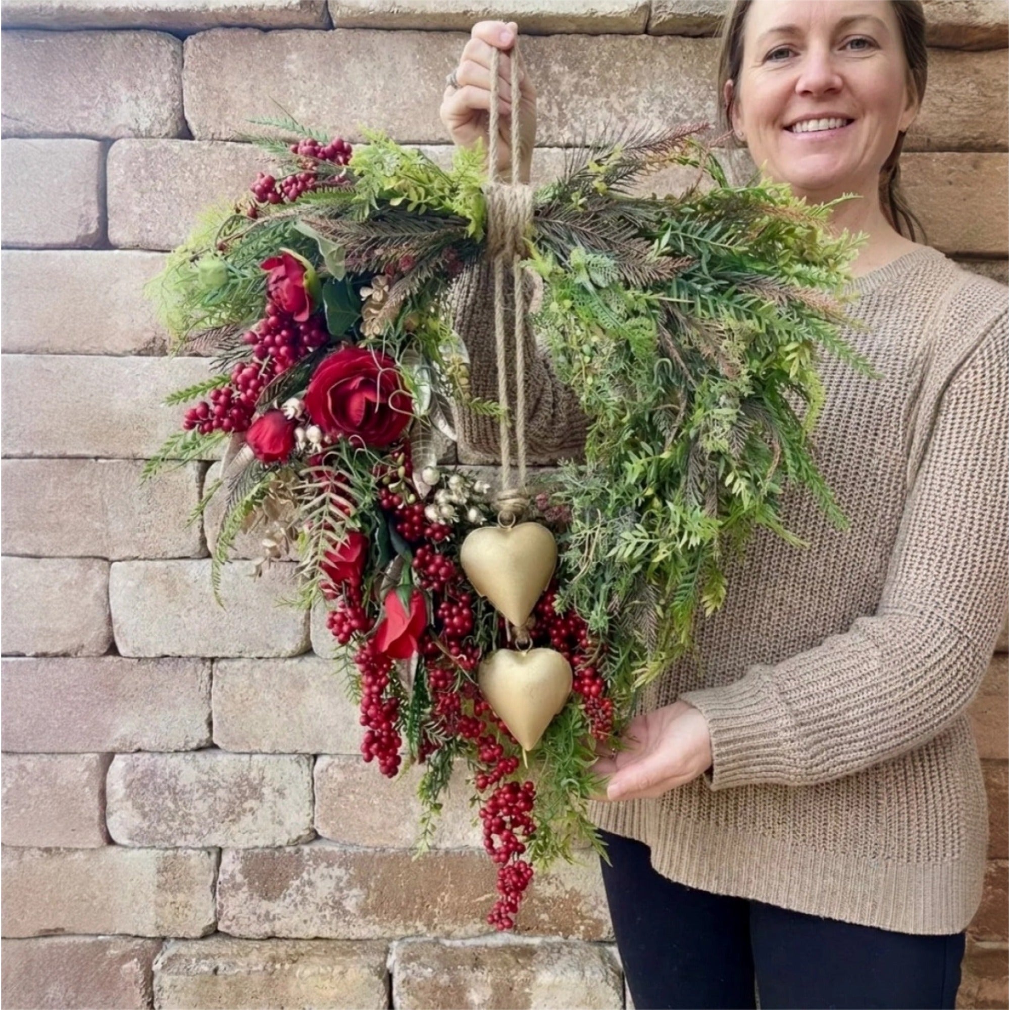 ❤️ Valentine’s Day Farmhouse Valentine Heart Wreath: Gold Bells, Red Roses & Berries🎉