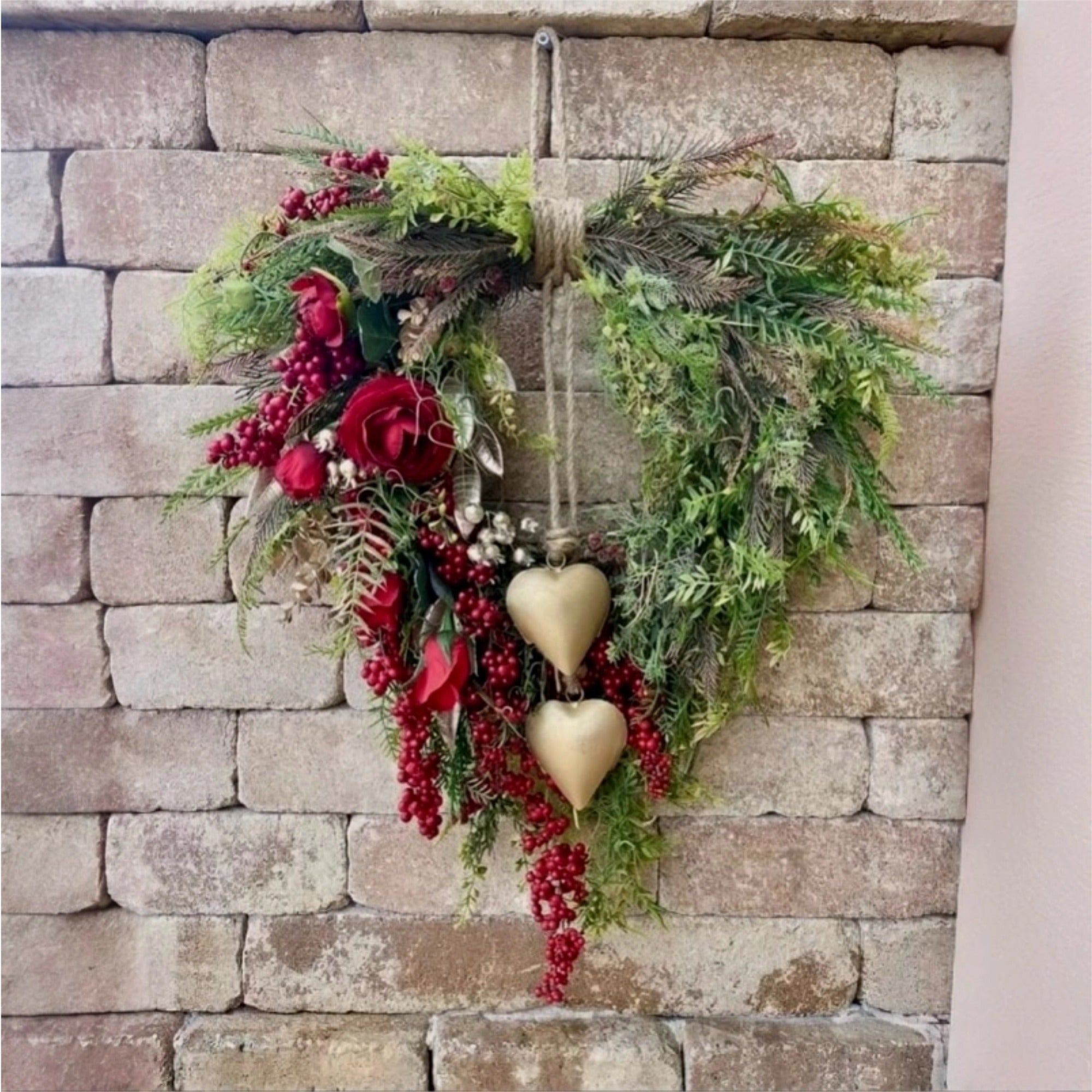 ❤️ Valentine’s Day Farmhouse Valentine Heart Wreath: Gold Bells, Red Roses & Berries🎉