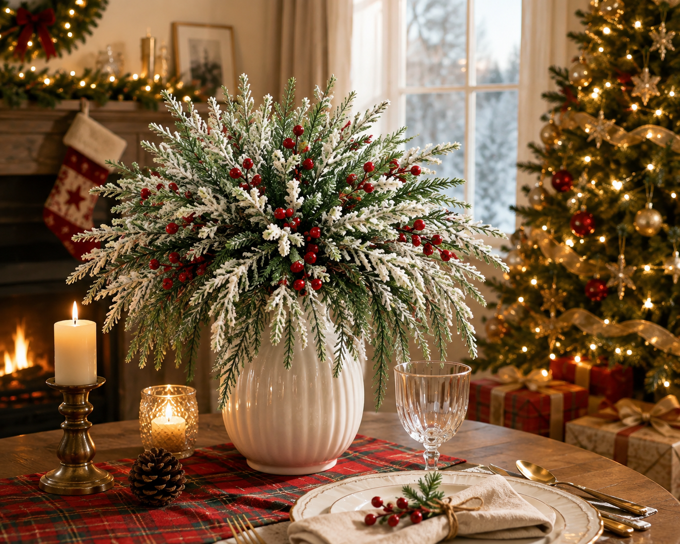 🔥 LAST DAY 50% OFF —🎄Snow-Covered Cedar Branches with Red Berries – Christmas Holiday Decor