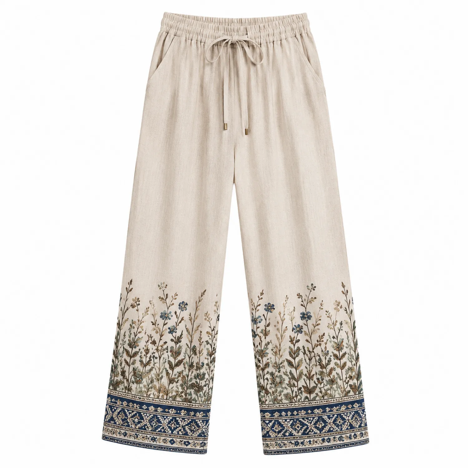 Pantalon Large Beige Femme avec Broderie Florale