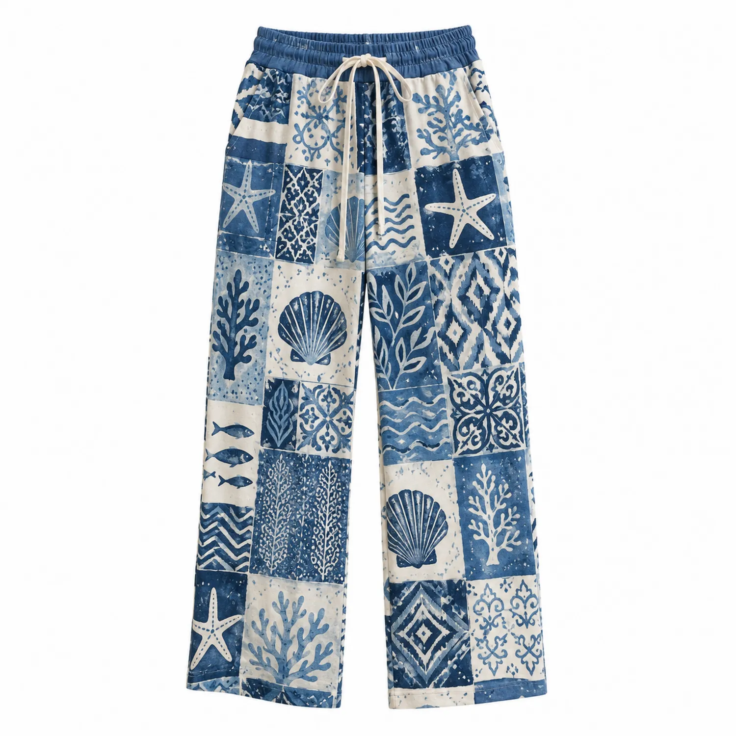 Pantalon Ample à Motifs Marins Bleu et Blanc
