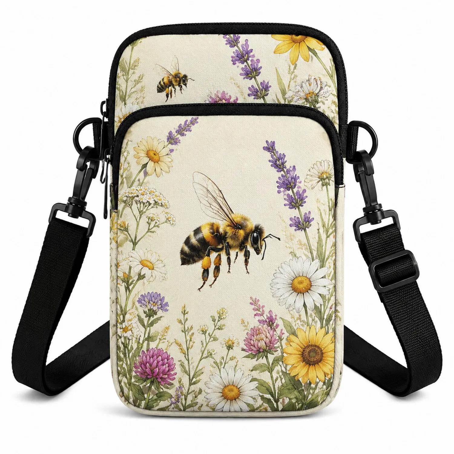 Mini Sac Bandoulière Imprimé Abeille et Fleurs, Multicolore