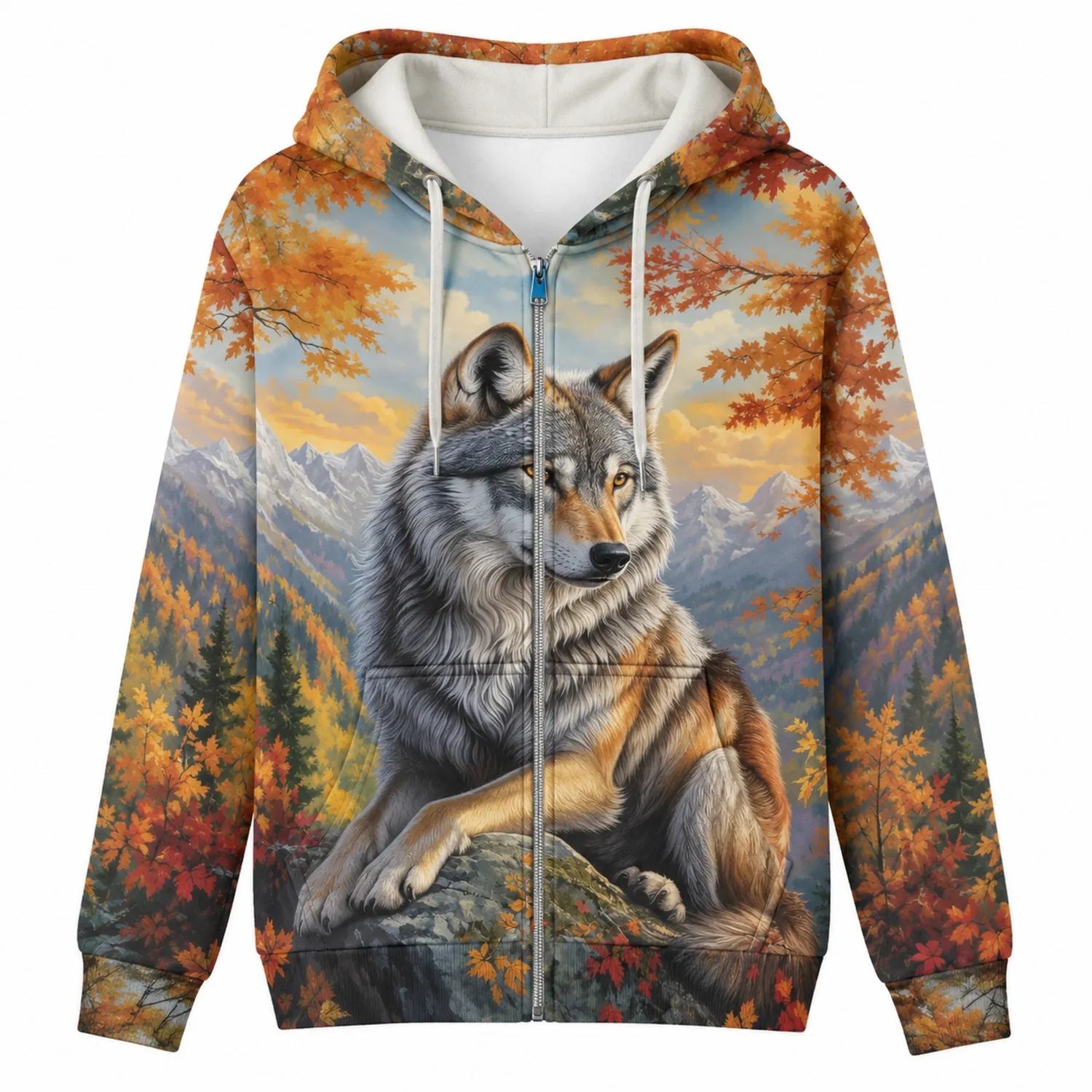 Veste à Capuche Imprimée Loup Paysage Automnal