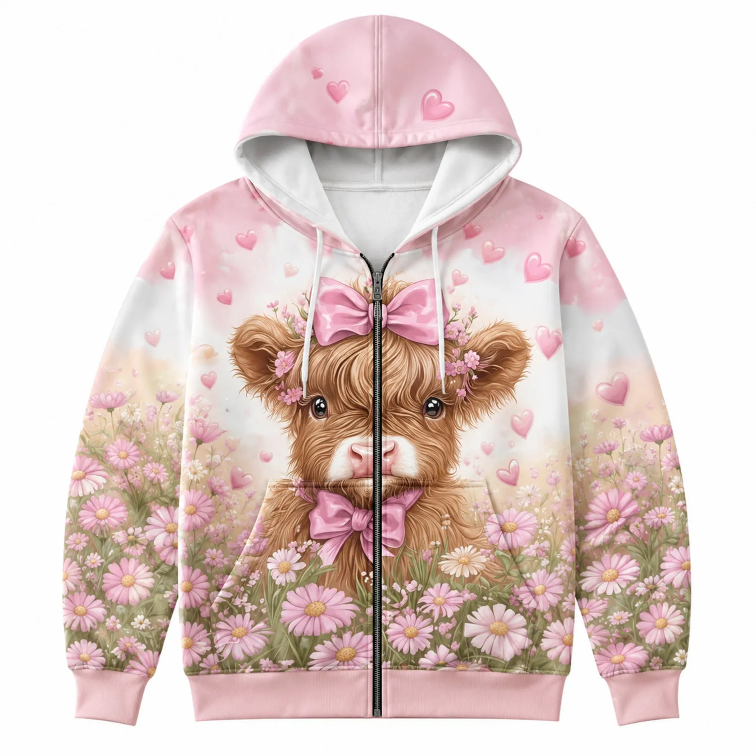 Sweat à Capuche Zippé Femme Imprimé Vache Fleurs Roses et Cœurs