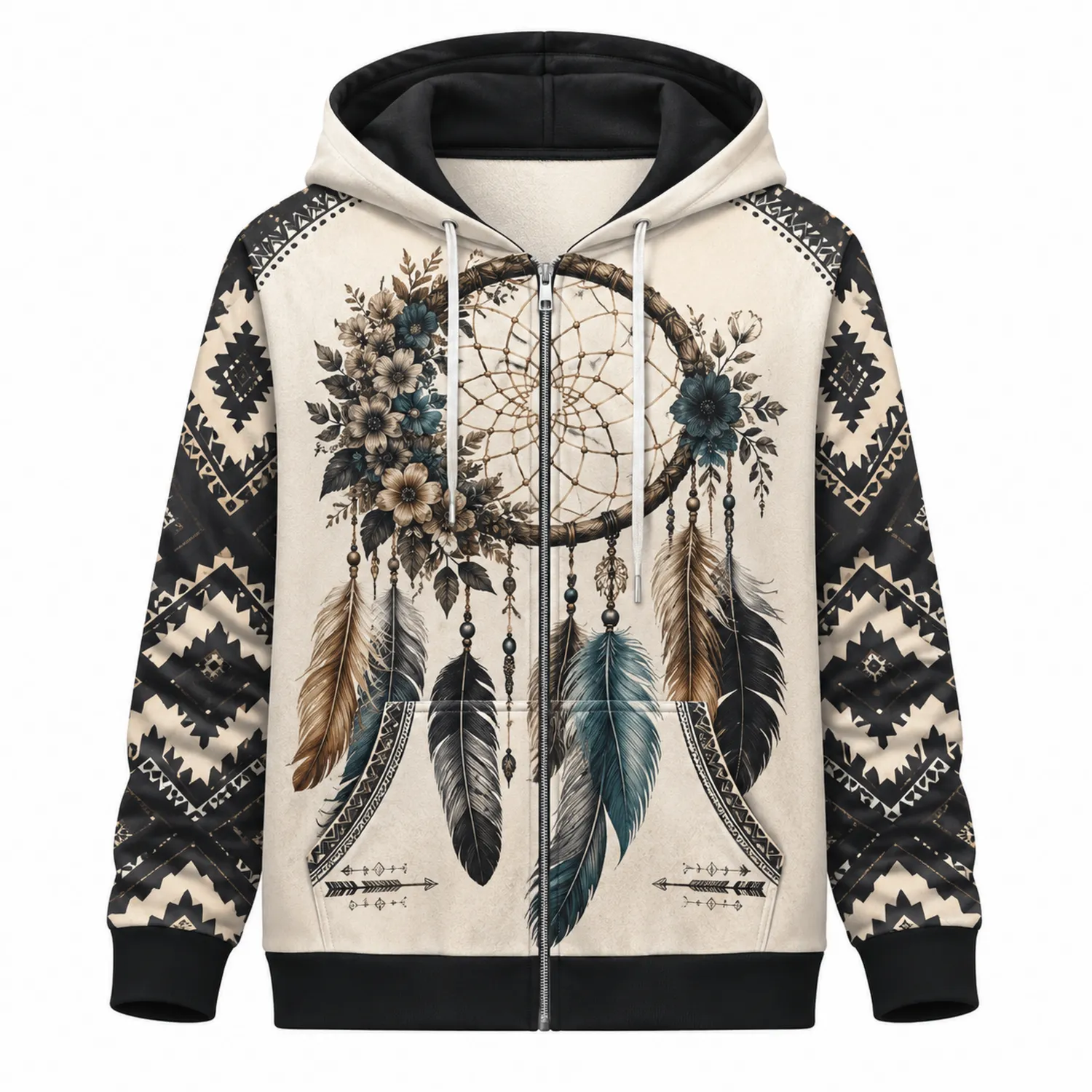 Veste à capuche motif attrape-rêves beige et noir