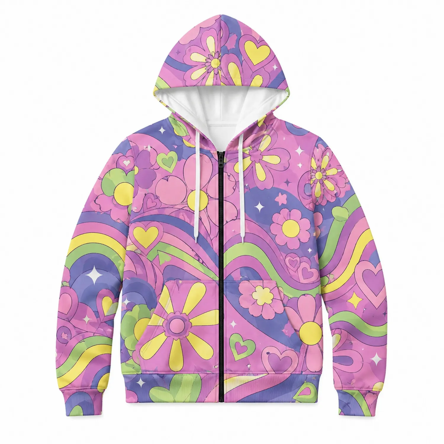 Veste à Capuche Zippée Multicolore avec Motifs Psychédéliques