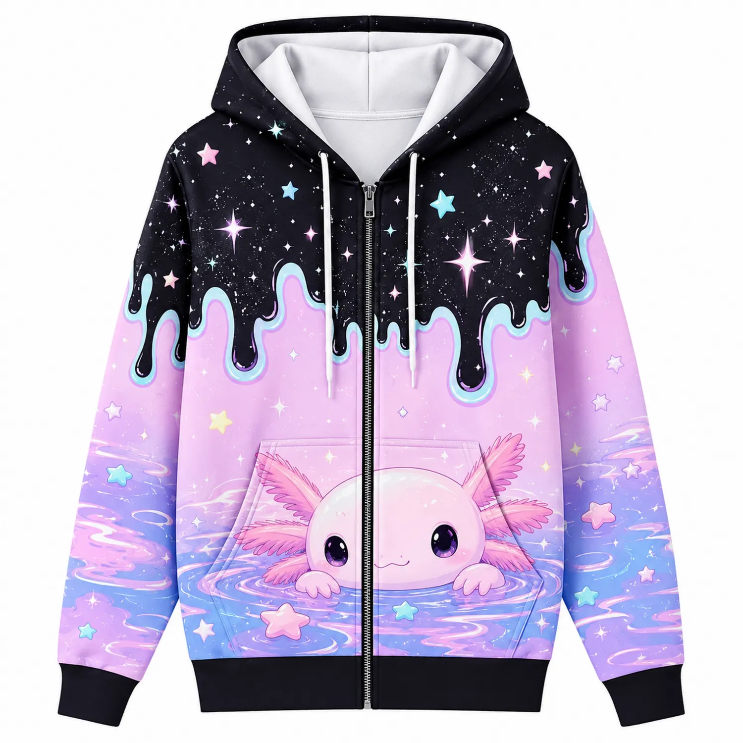 Sweat à Capuche Galaxie avec Axolotl Noir/Rose/Violet
