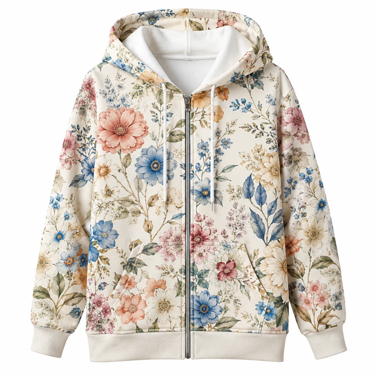 Veste à Capuche Florale avec Zip Complet