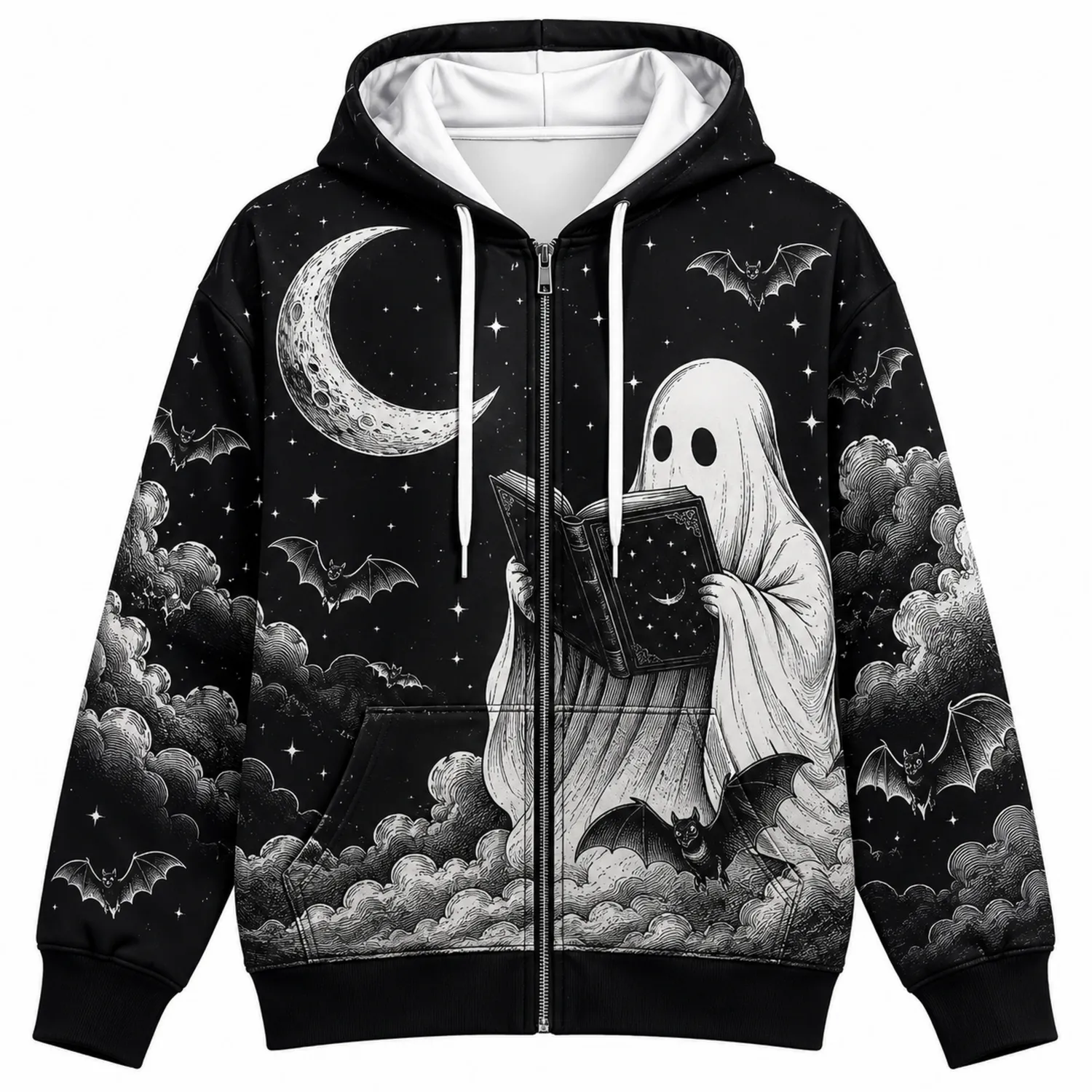 Sweat à Capuche Fantôme Imprimé Noir et Blanc