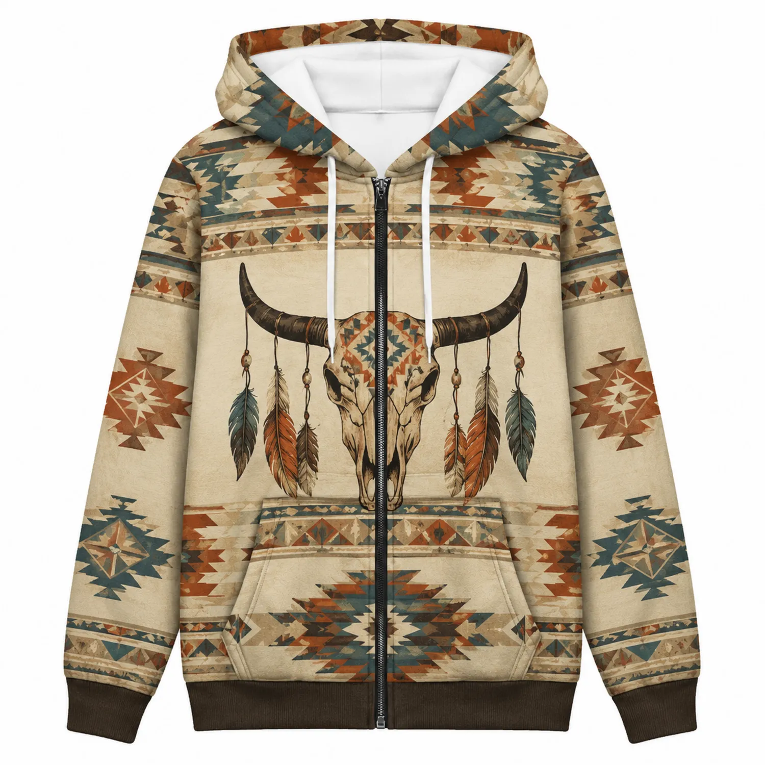Sweat à Capuche Zippé Imprimé Crâne de Taureau Motif Ethnique Marron/Beige