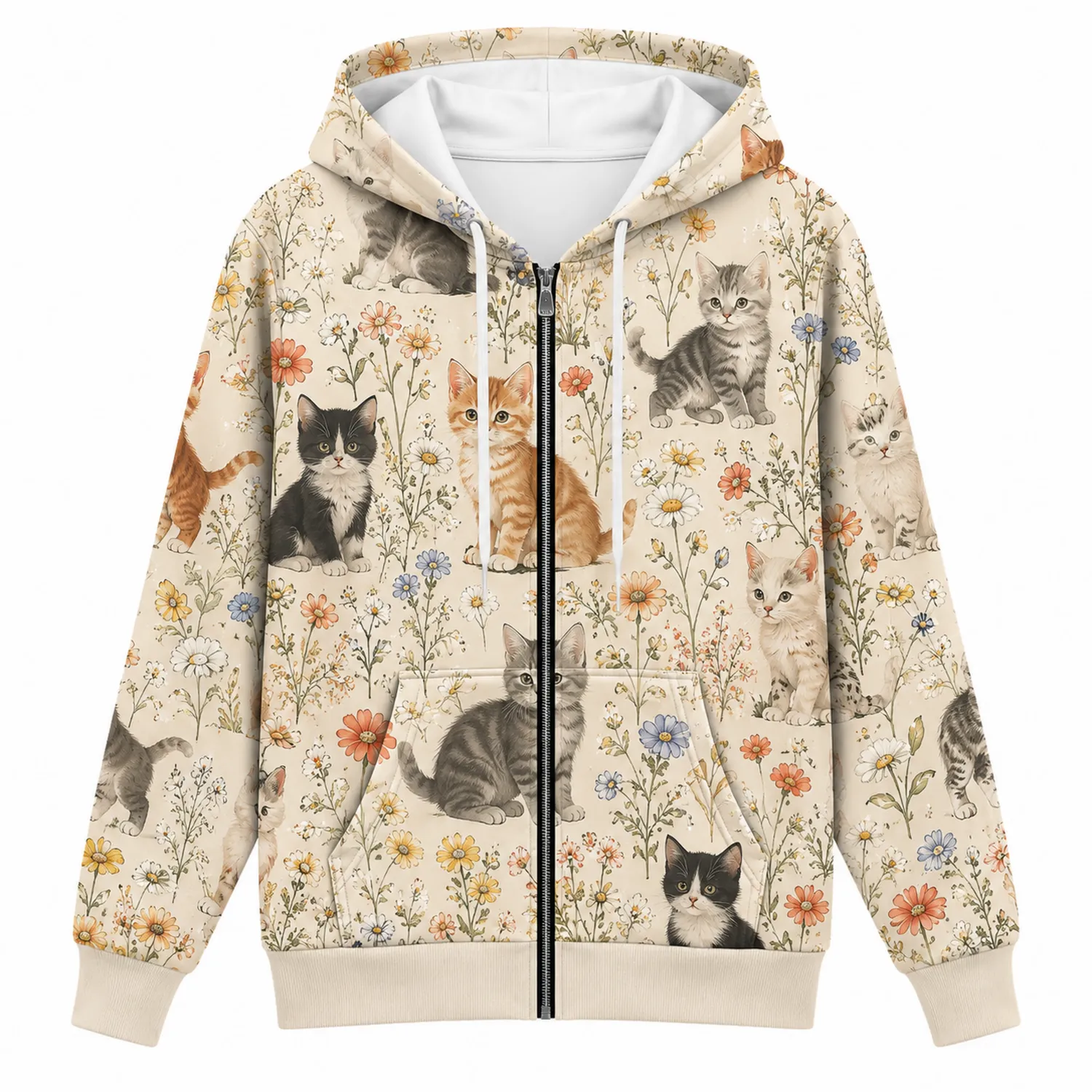 Sweat à Capuche Beige avec Motif Chats et Fleurs