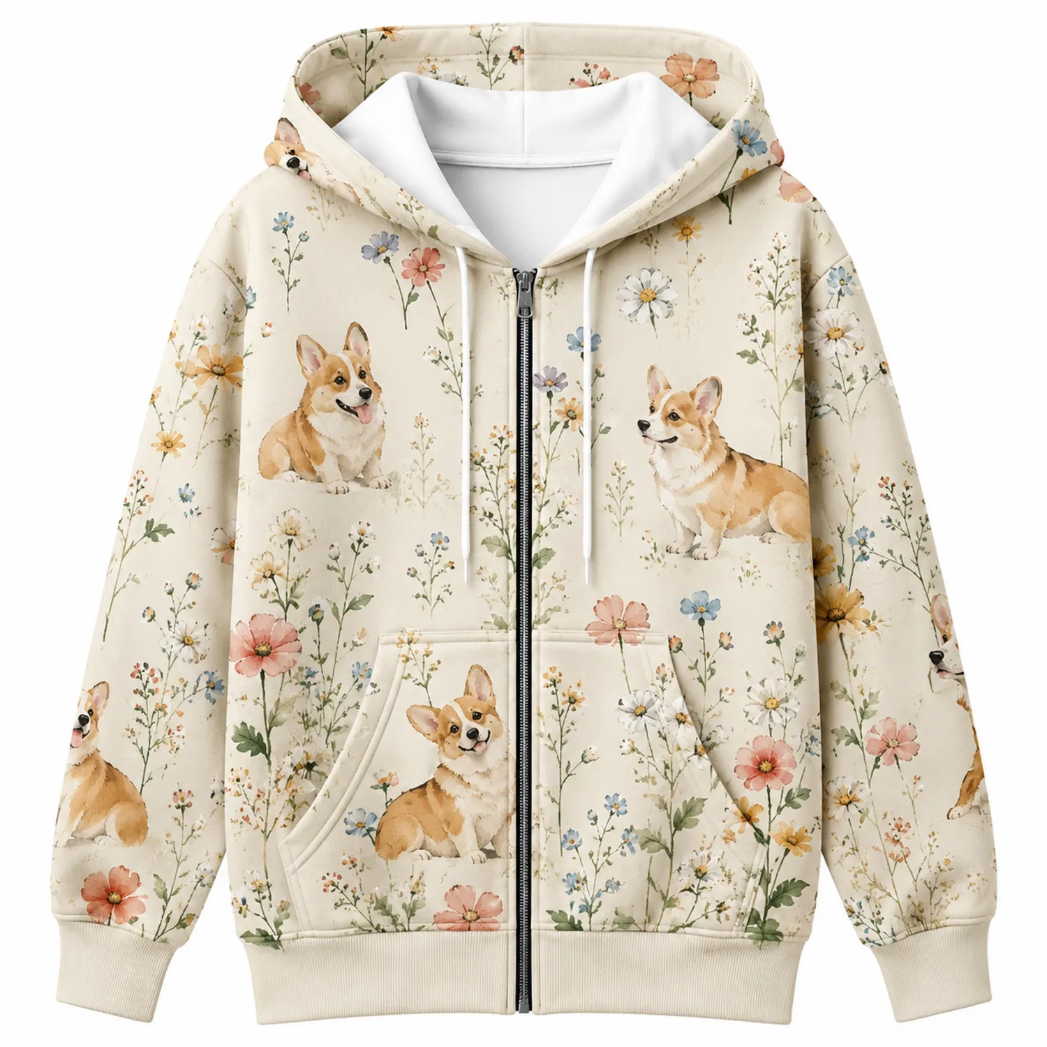 Veste à Capuche Zippée Corgi et Fleurs avec Motif Multicolore