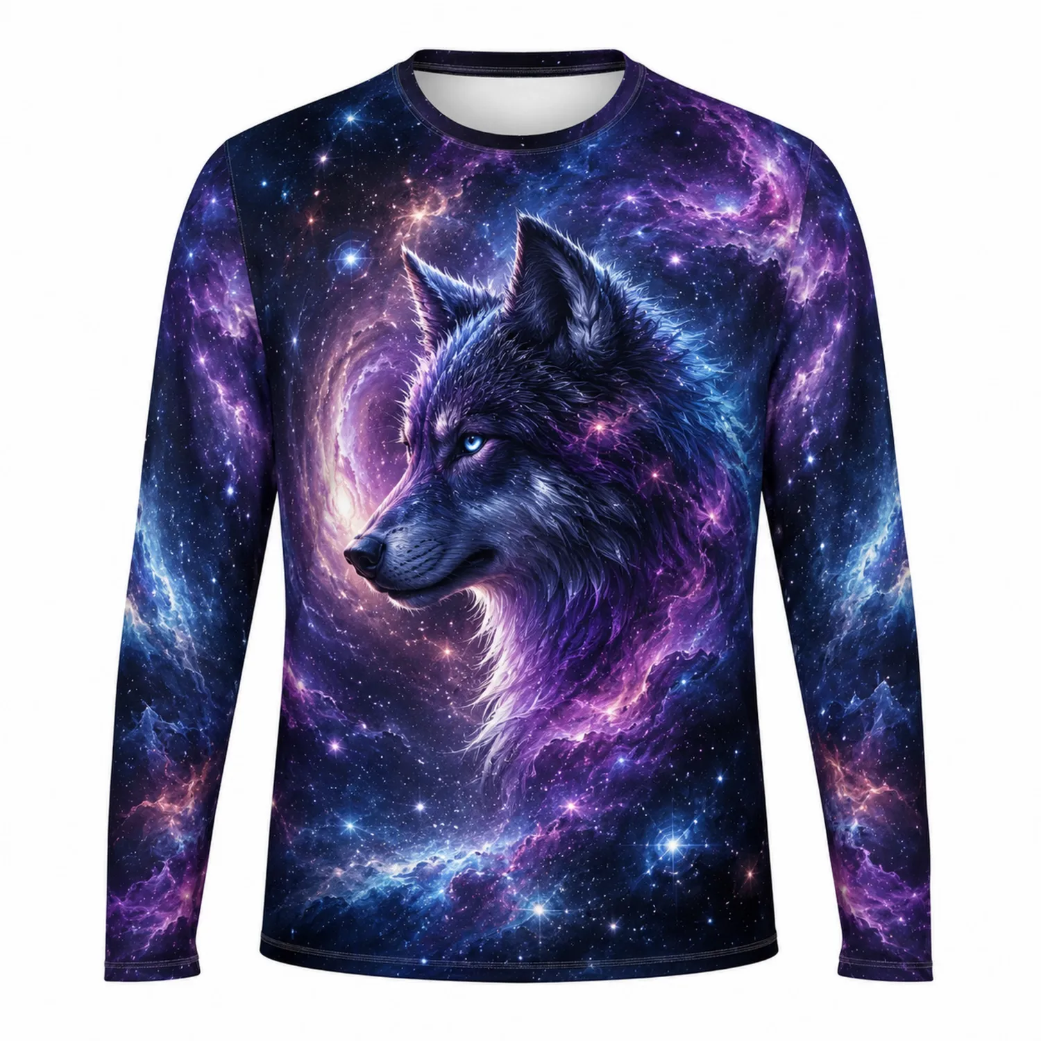 T-shirt à manches longues imprimé loup galaxie violet et bleu