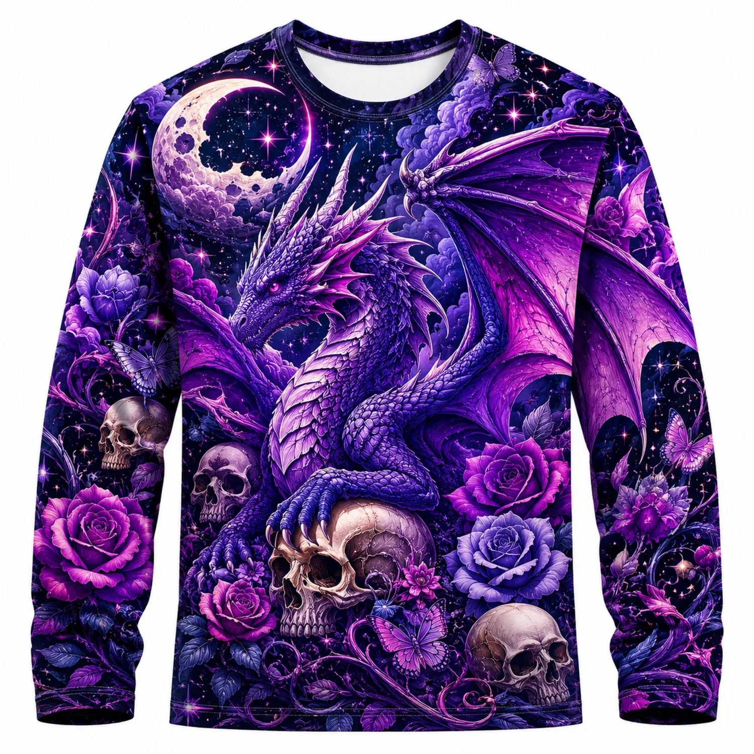 Sweat-shirt à Col Rond Dragon et Crânes Violet