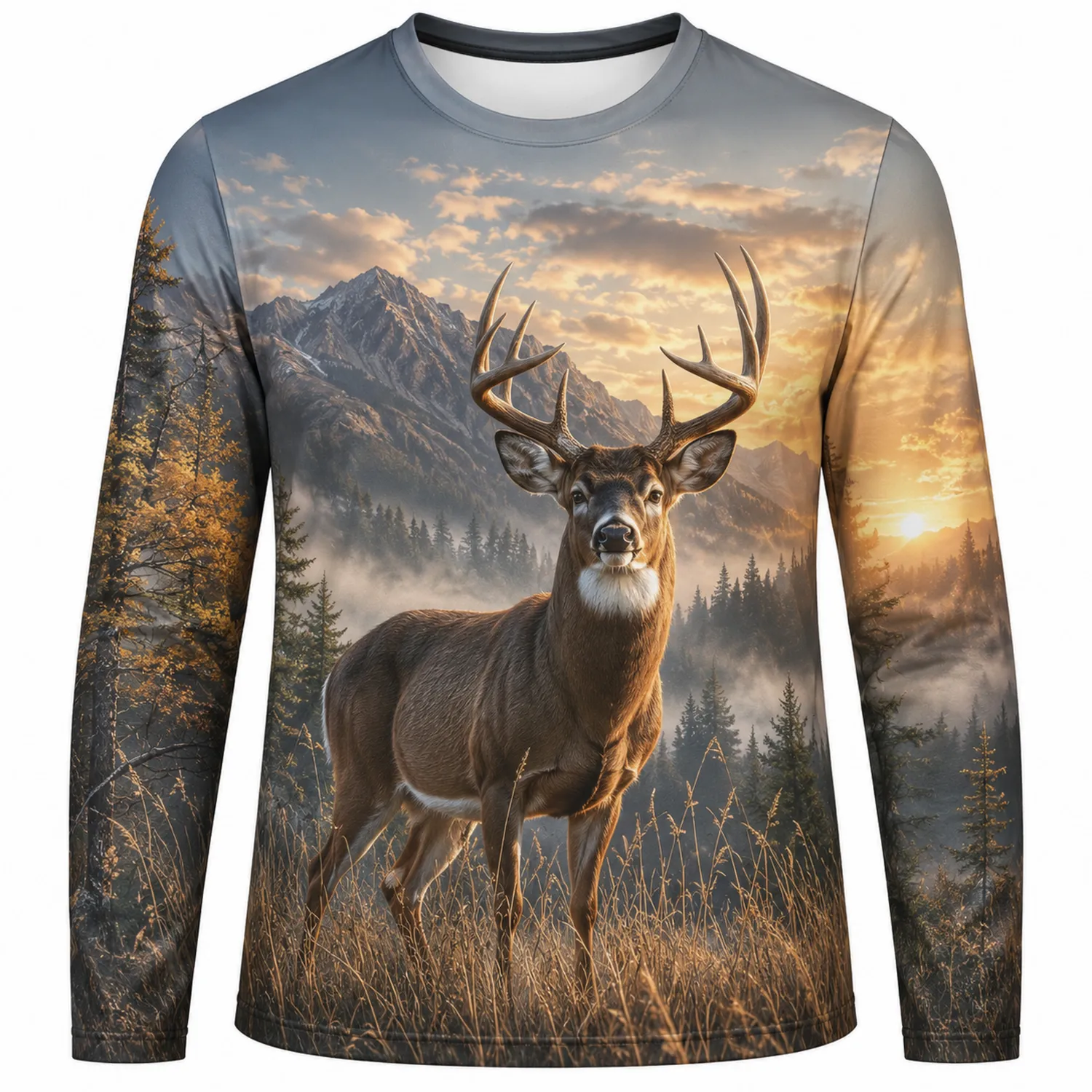 T-shirt à Manches Longues Cerf Montagne Paysage