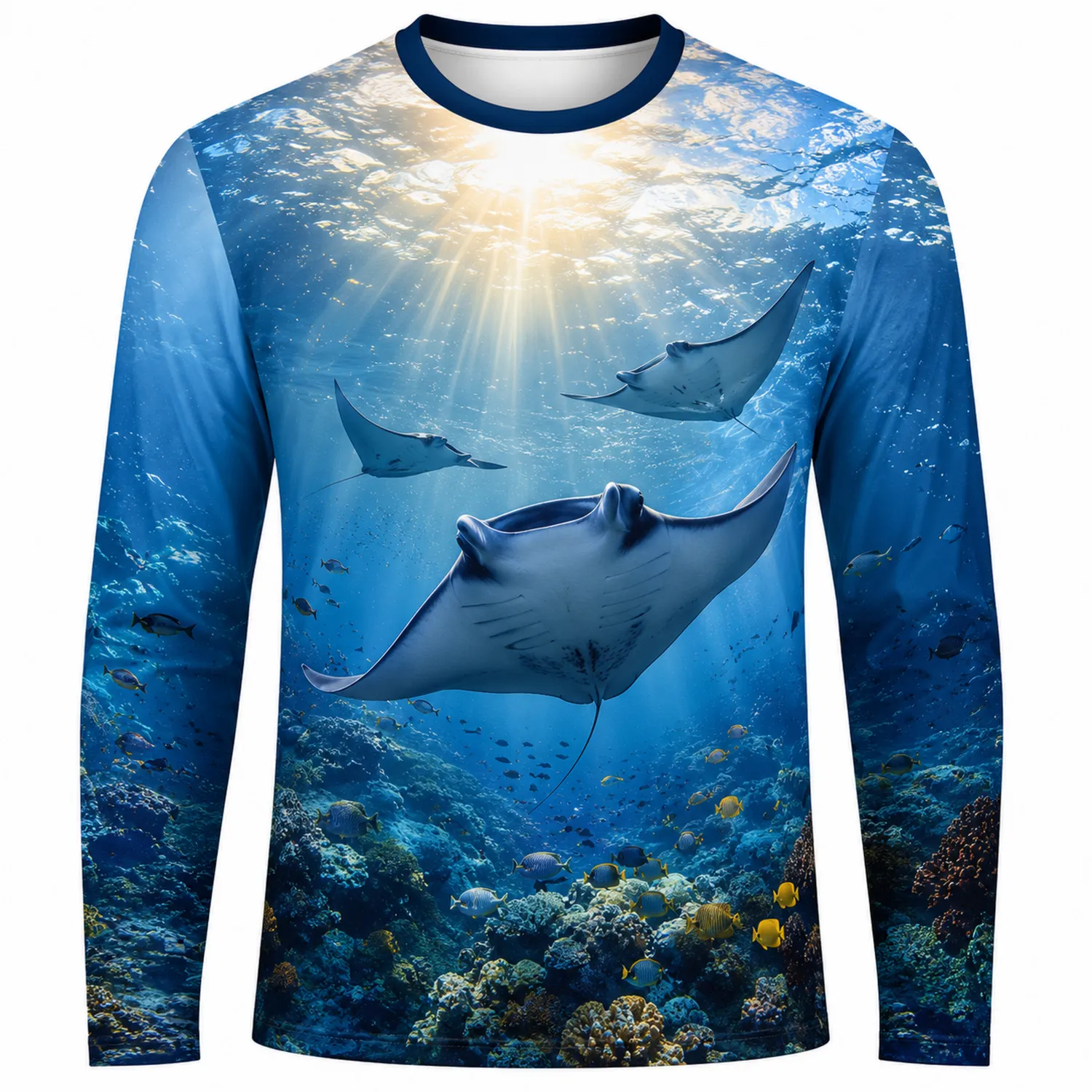 T-shirt Manches Longues Bleu Océan avec Raies Manta