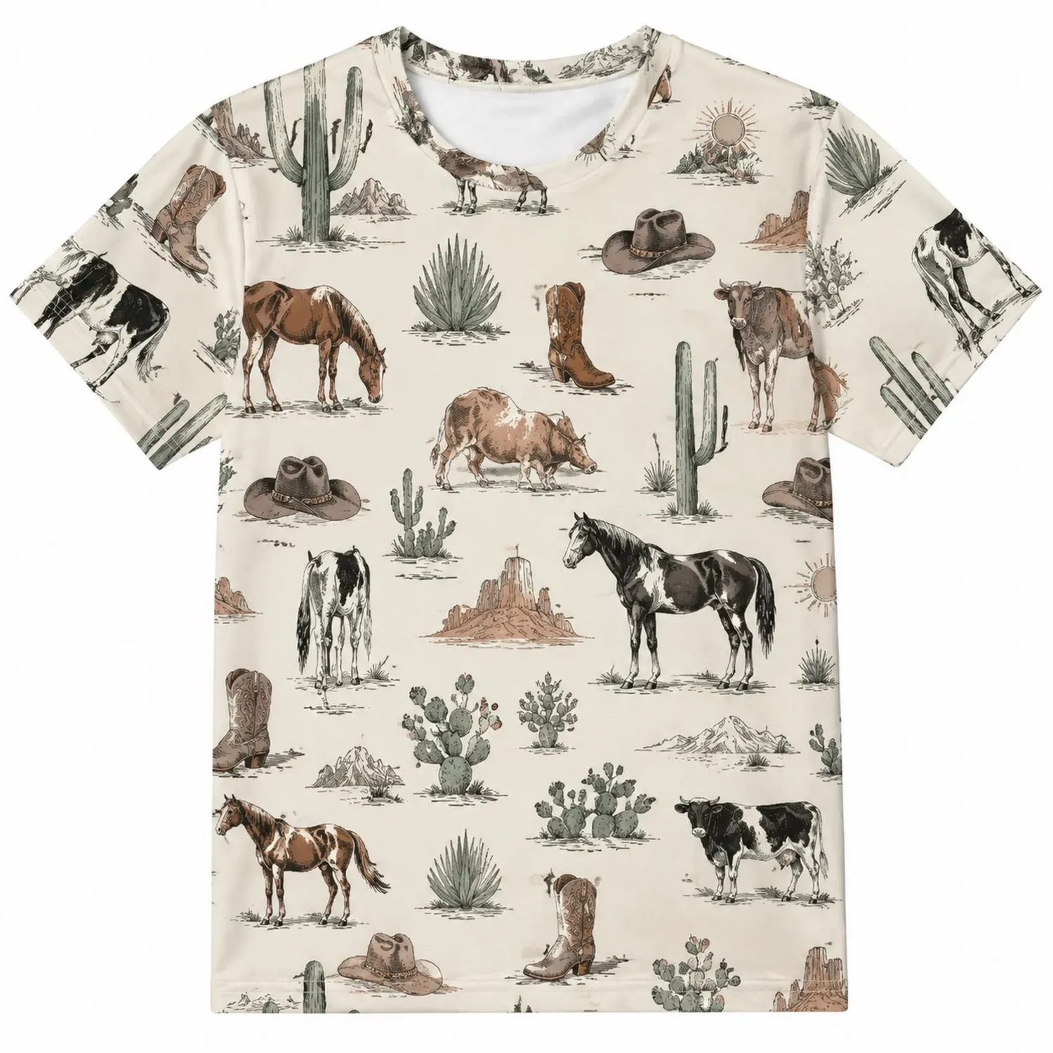 T-shirt Homme Motif Western Cactus et Chevaux Beige