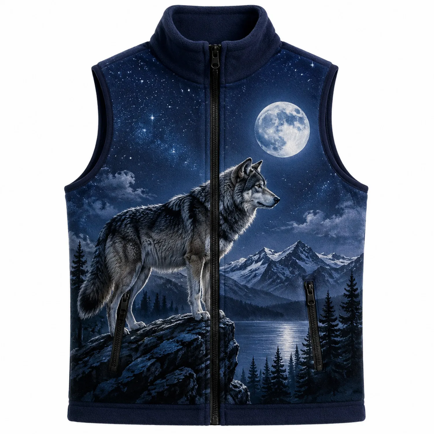 Gilet Sans Manches Homme Loup et Pleine Lune - Bleu Nuit