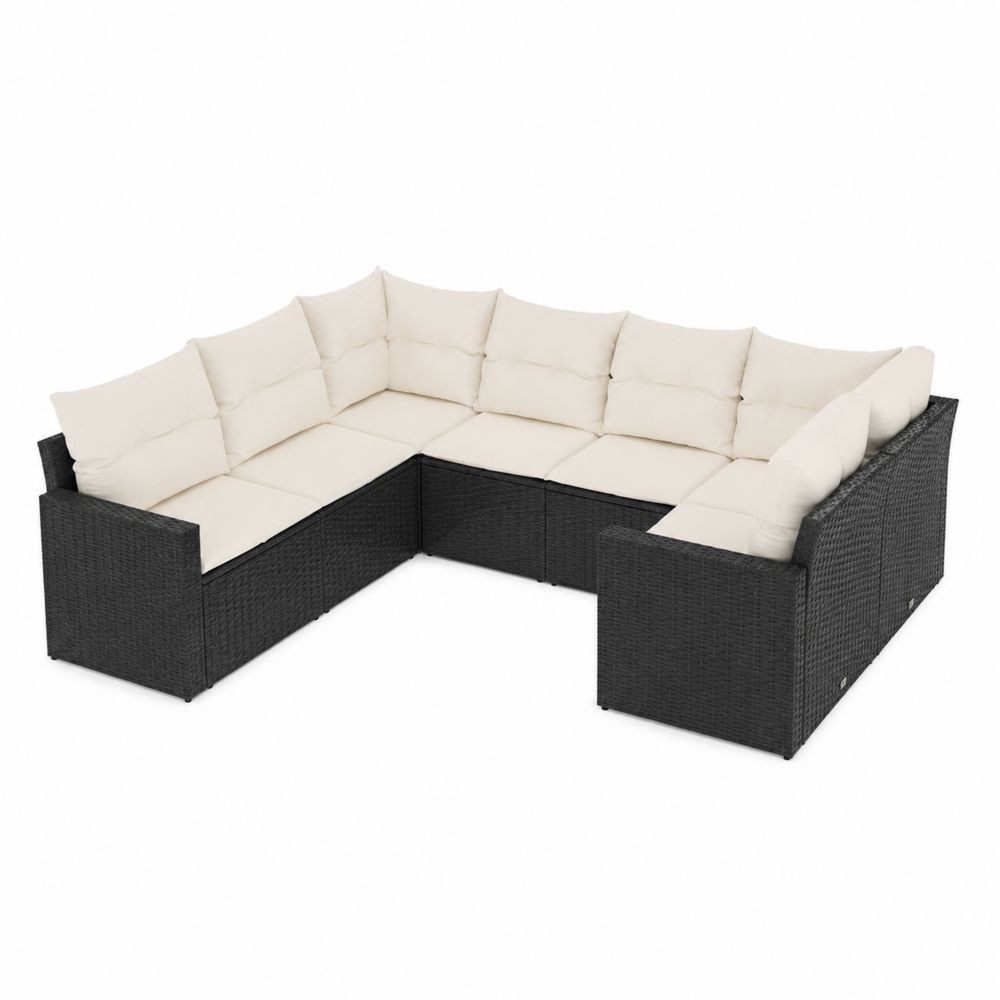 Sofa narożna modułowa z technorattanu czarna z kremowymi poduszkami