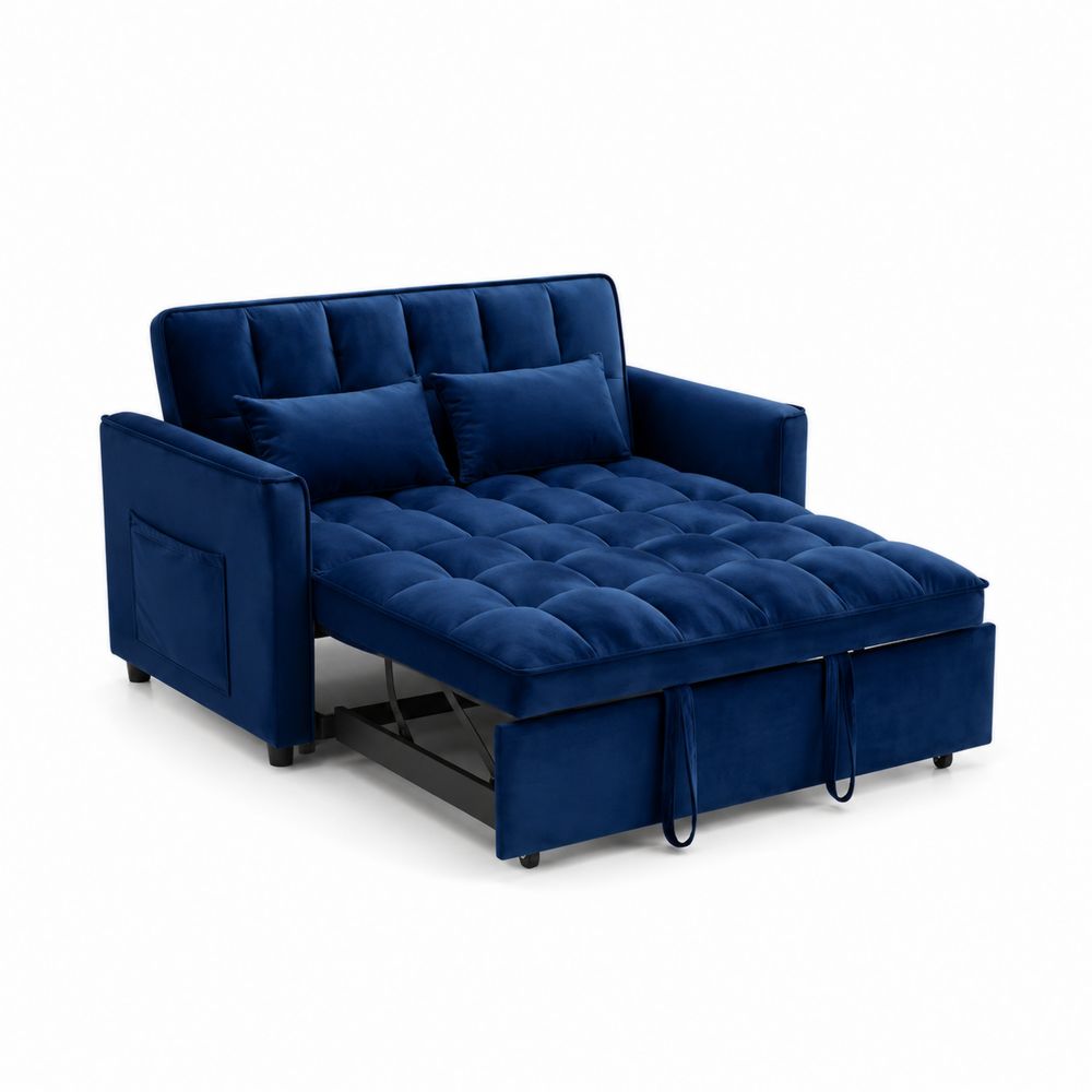 Sofa rozkładana welurowa granatowa z poduszkami