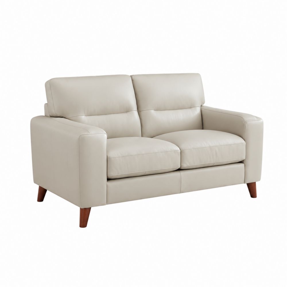 Sofa dwuosobowa skórzana beżowa z drewnianymi nogami