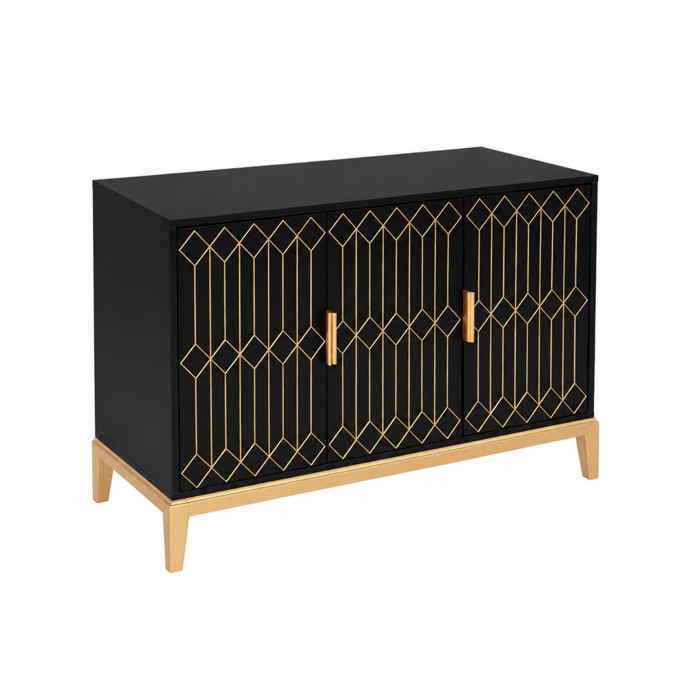 Czarny kredens z MDF i metalu z geometrycznym wzorem, 120x40x80 cm-Velixorn