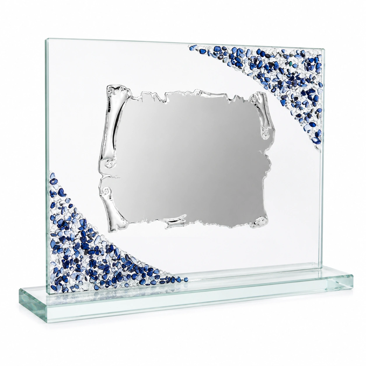 Marco de cristal decorativo con detalles azules-Woodentia