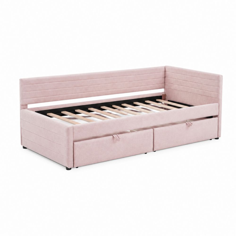 Leżanka z szufladami tapicerowana tkaniną aksamitną różową 200cm x 90cm-wohnformdesign
