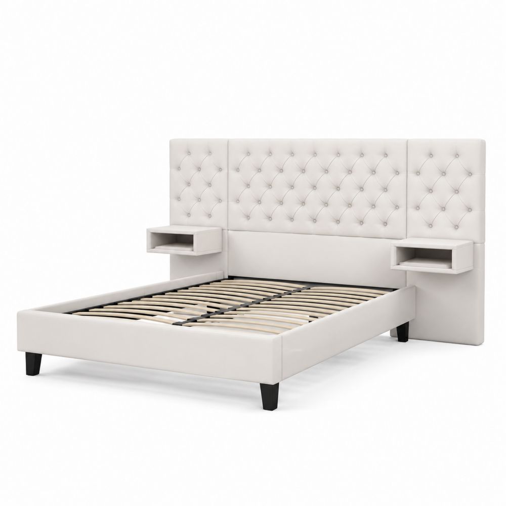 Łóżko tapicerowane z tkaniny poliestrowej beżowej 200x160 cm z półkami-wohnformdesign