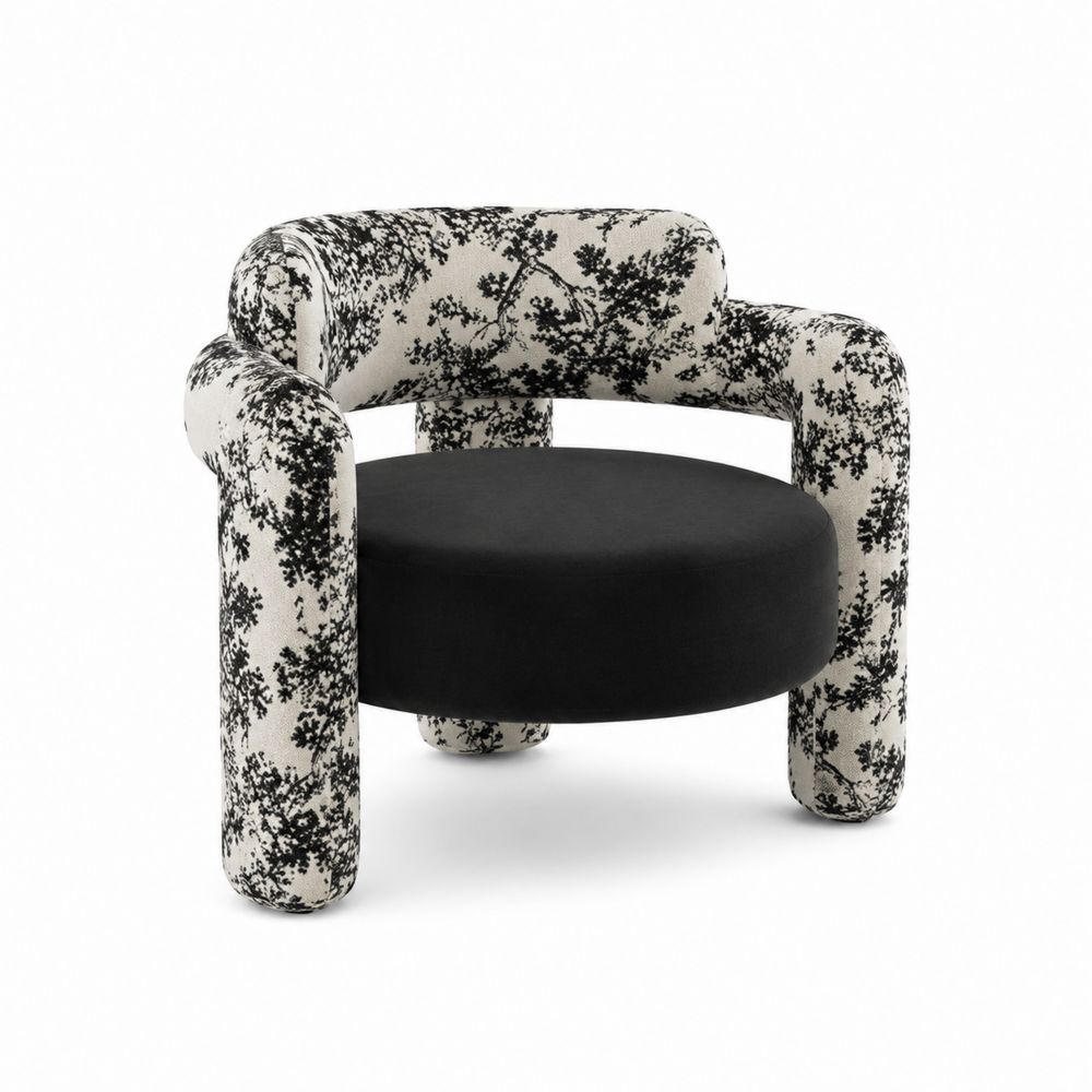 Owalny fotel z poliestrową tapicerką w gałązki, średnica 70 cm-wohnformdesign