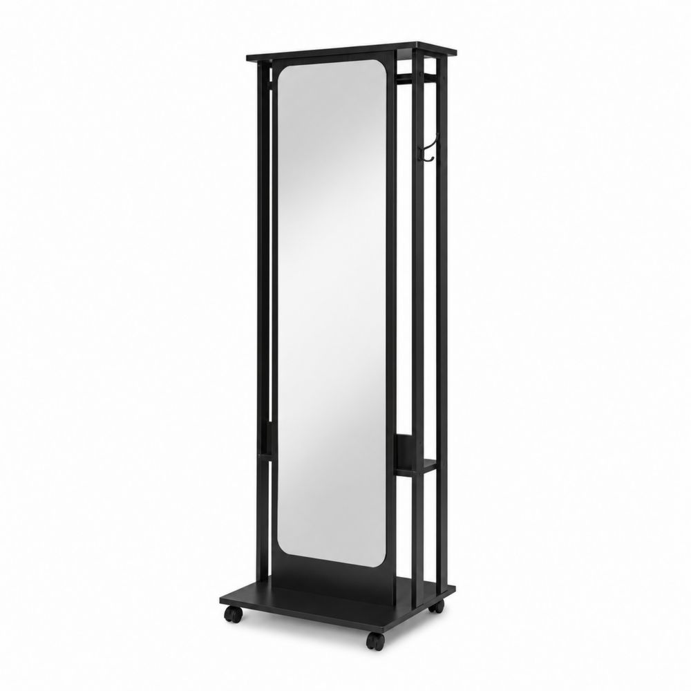 Lustro z obrotowym wieszakiem na kółkach czarne 180x40x35 cm stal szkło hartowane-wohnformdesign