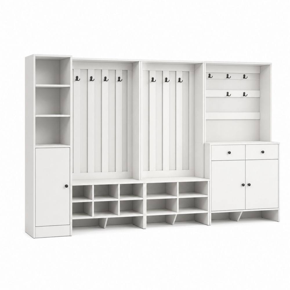 Zestaw wieszaków do przedpokoju z półkami i szafkami drewniany biały 300cm-wohnformdesign