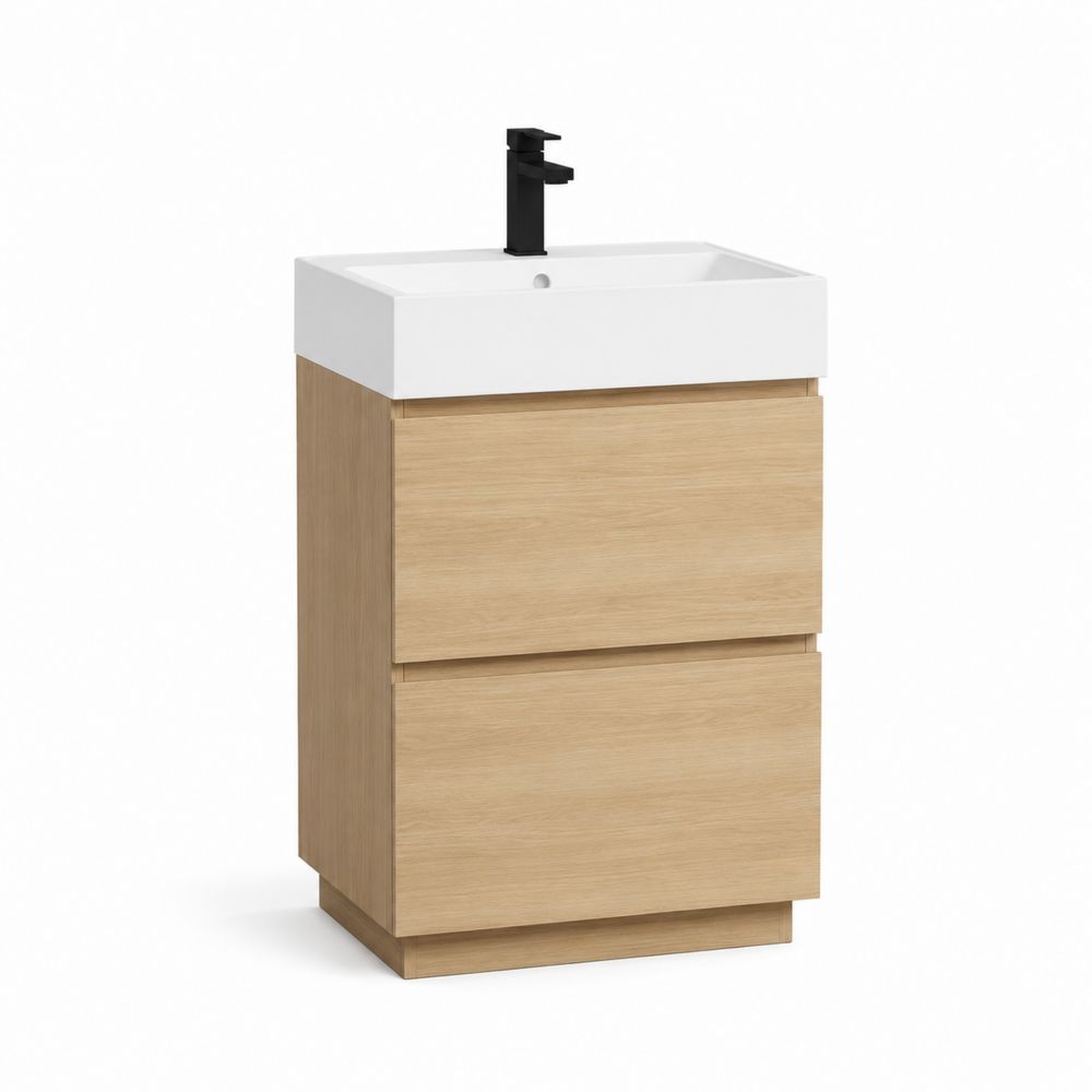 Szafka pod umywalkę z drewna dębowego i ceramiki, 60x45x85 cm, Dąb/Biały-wohnformdesign