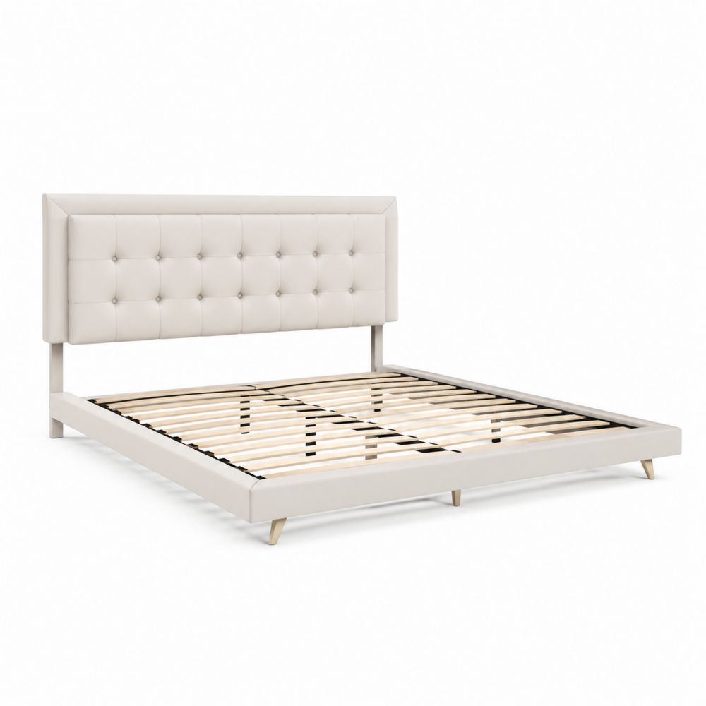 Łóżko tapicerowane skórzane beżowe 160x200 cm-wohnformdesign