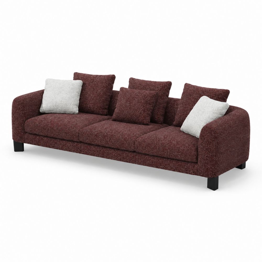 Sofa trzyosobowa z poliestru bordowa z szarymi poduszkami 230x90 cm-wohnformdesign