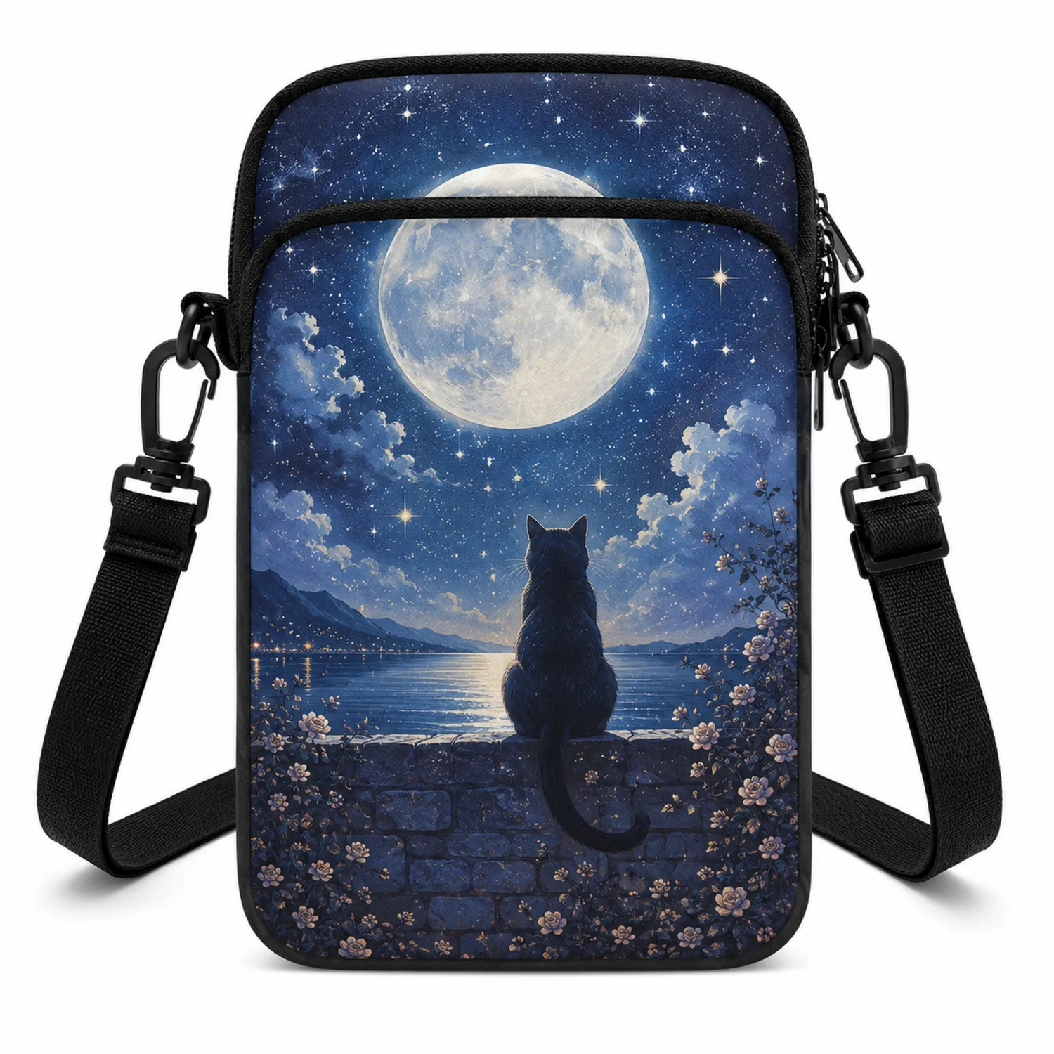Borsa a tracolla regolabile con gatto e luna, blu scuro