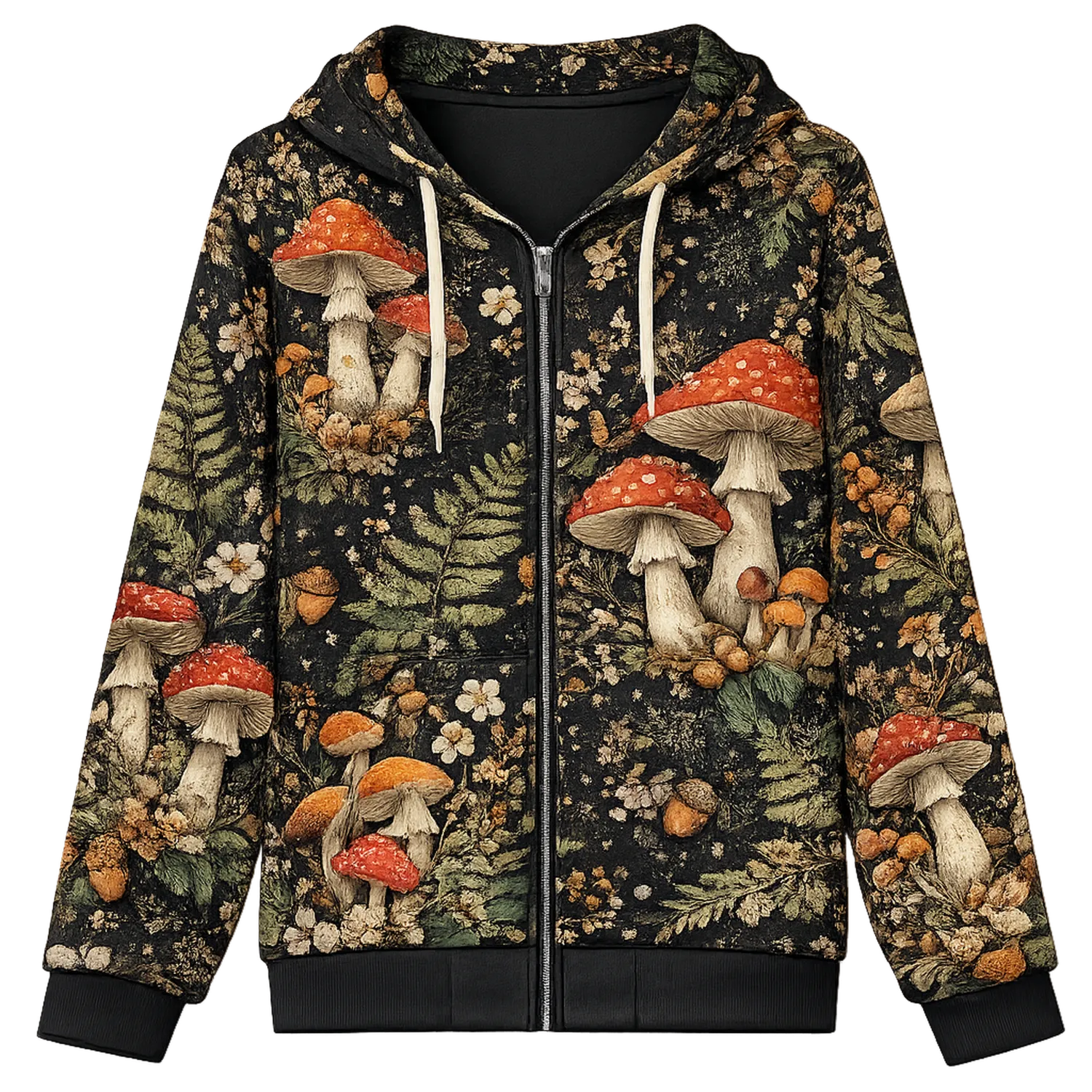 Felpa con Cappuccio e Zip Motivi Funghi su Sfondo Nero