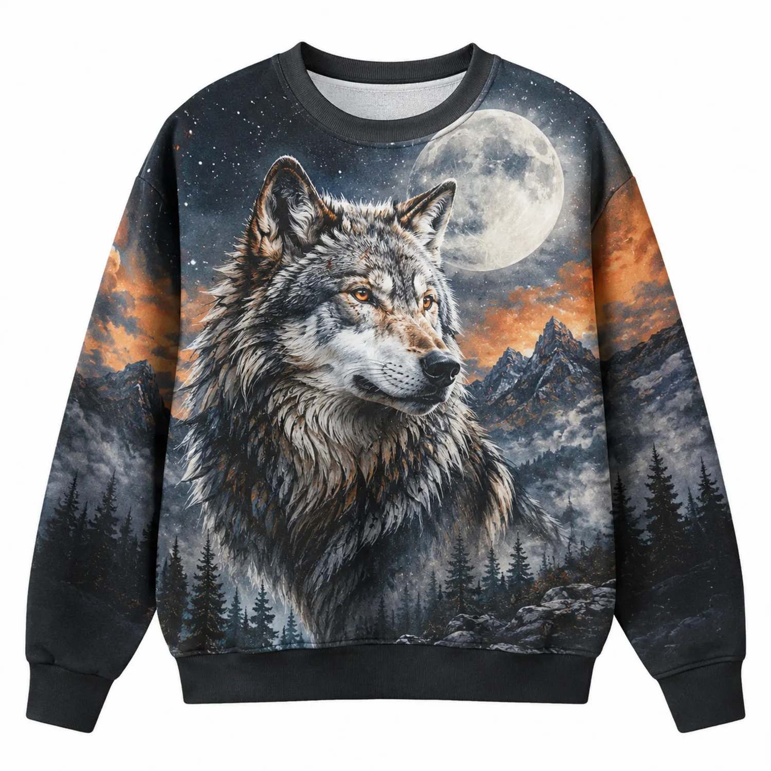 Felpa Unisex con Stampa Lupo e Paesaggio Montano
