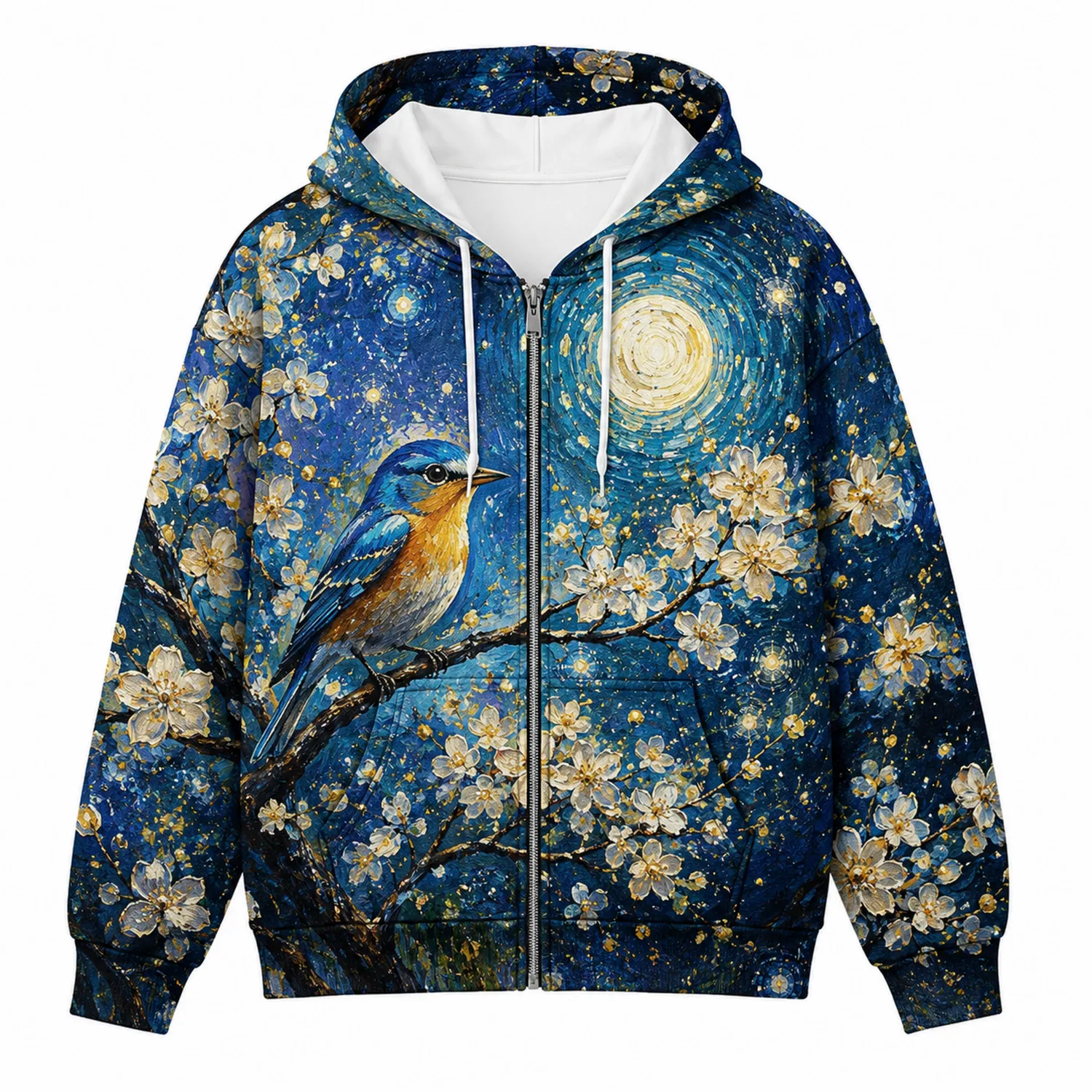 Felpa con Cappuccio Zip Motivo Uccello e Fiori Notturni