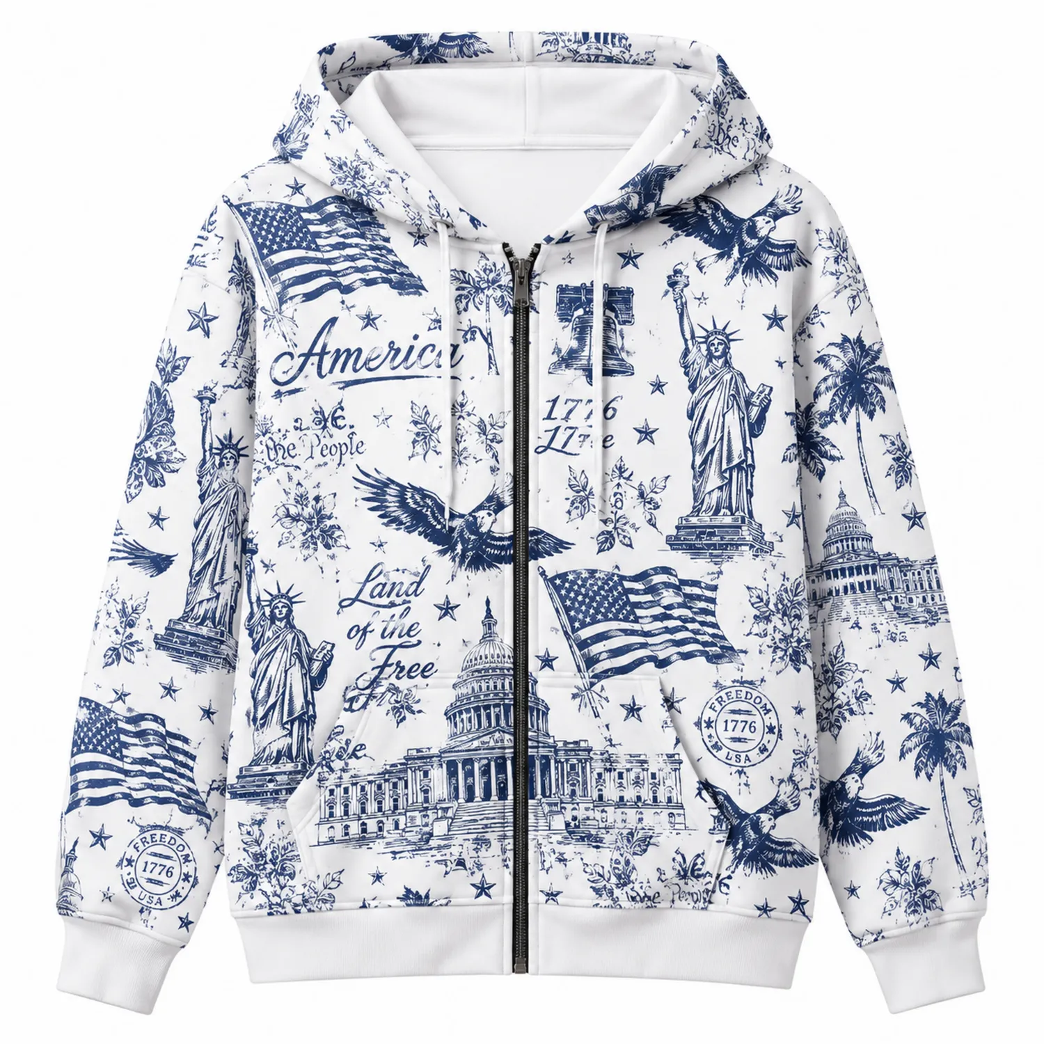 Felpa con Cappuccio e Zip Motivo Americano Bianco e Blu