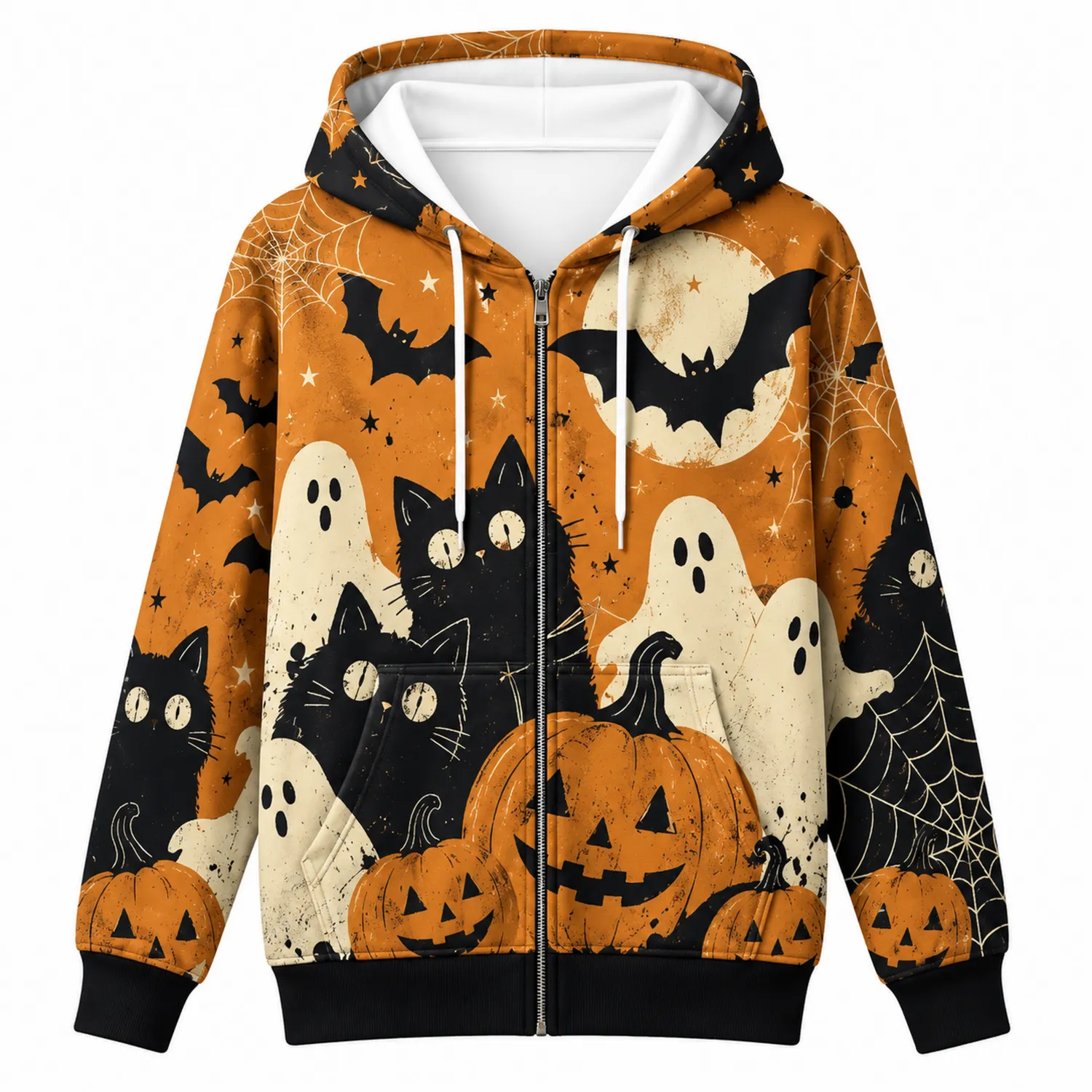 Felpa con Cappuccio Halloween Arancione e Nero con Fantasmi e Zucche