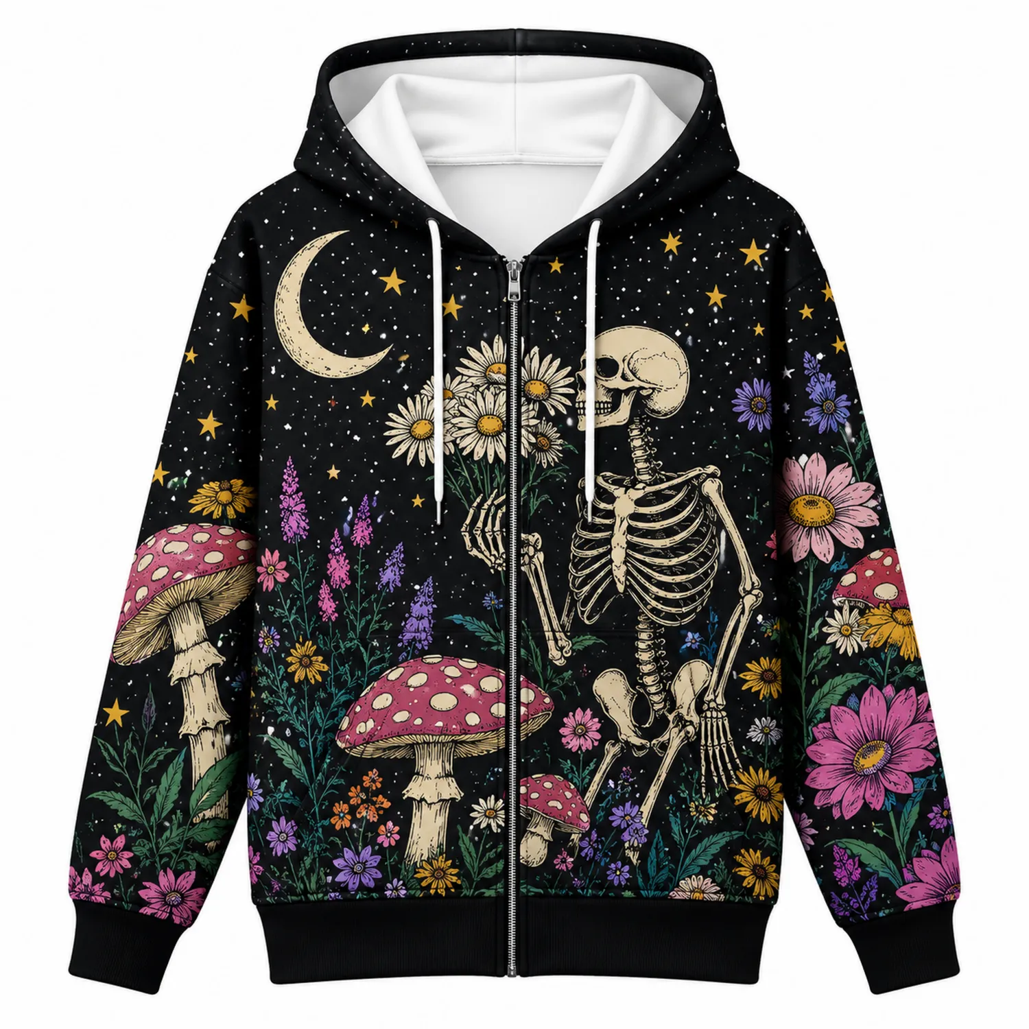 Felpa con Cappuccio Zip Scheletro e Fiori Multicolore