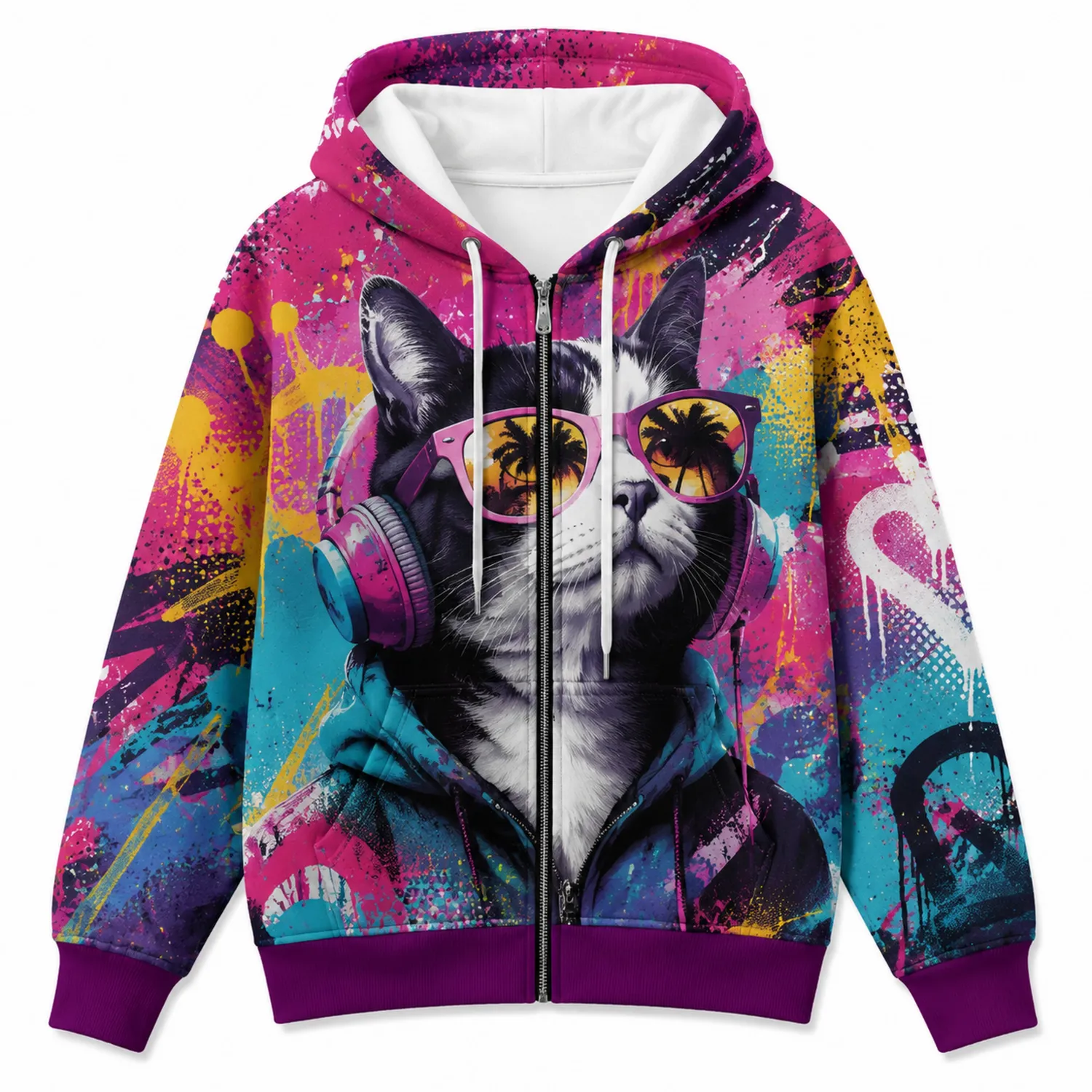 Felpa con Cappuccio Gatto Stampa Grafica Multicolore Vivace