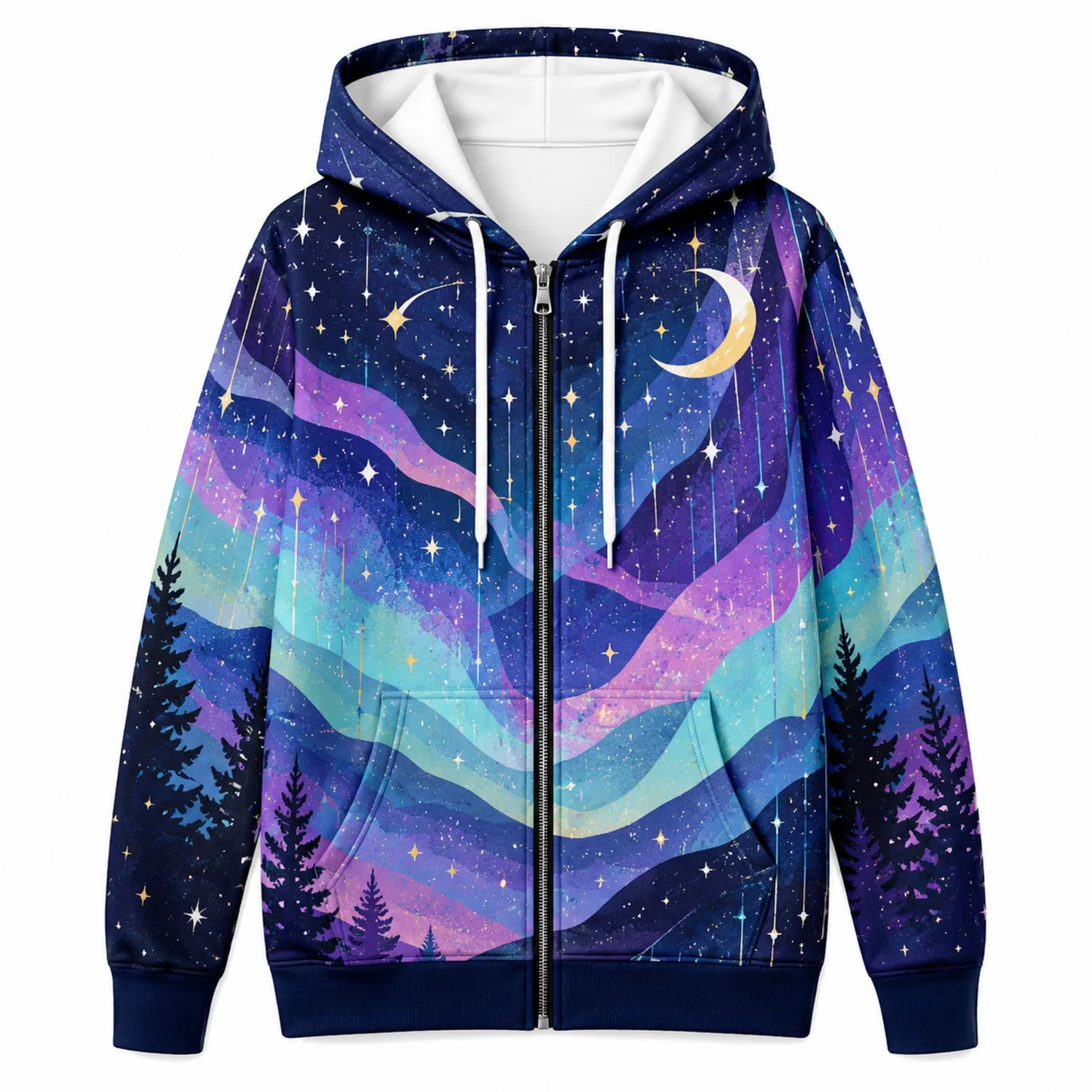 Felpa con Cappuccio con Zip Stampa Aurora Boreale Blu e Viola