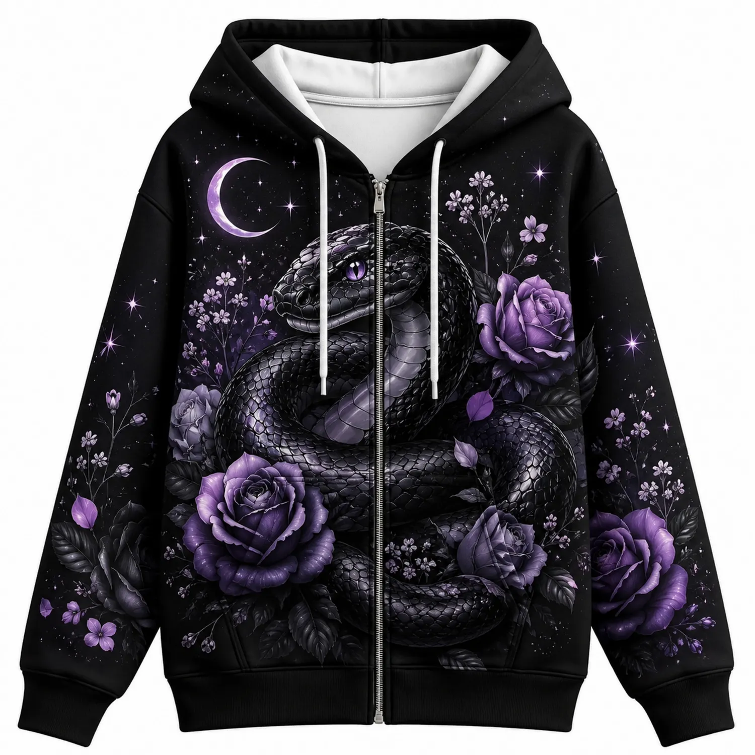 Felpa con Cappuccio Stampa Serpente e Rose Nero/Viola